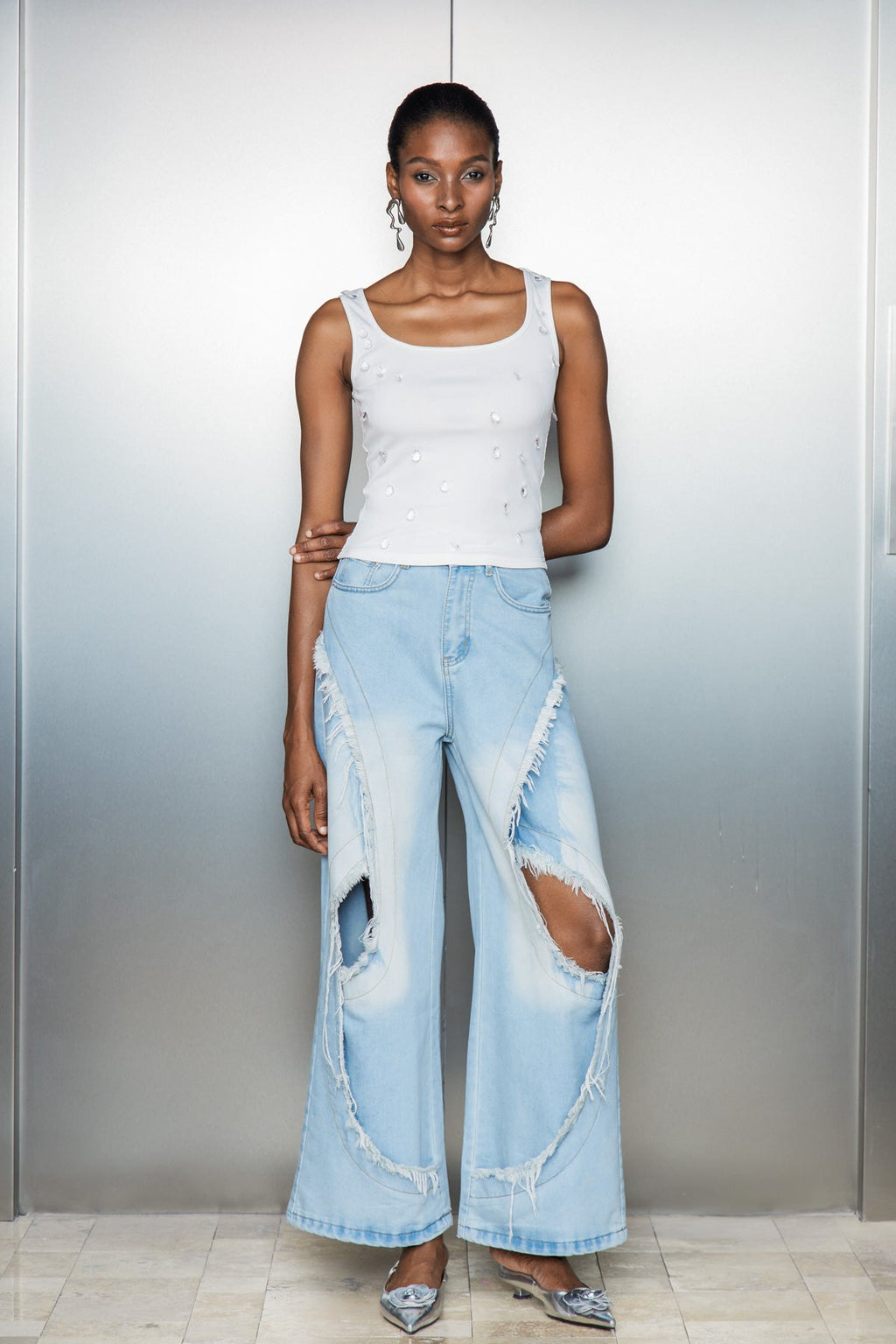Cas Cutout Deconstruct Fringe Jeans In Blue