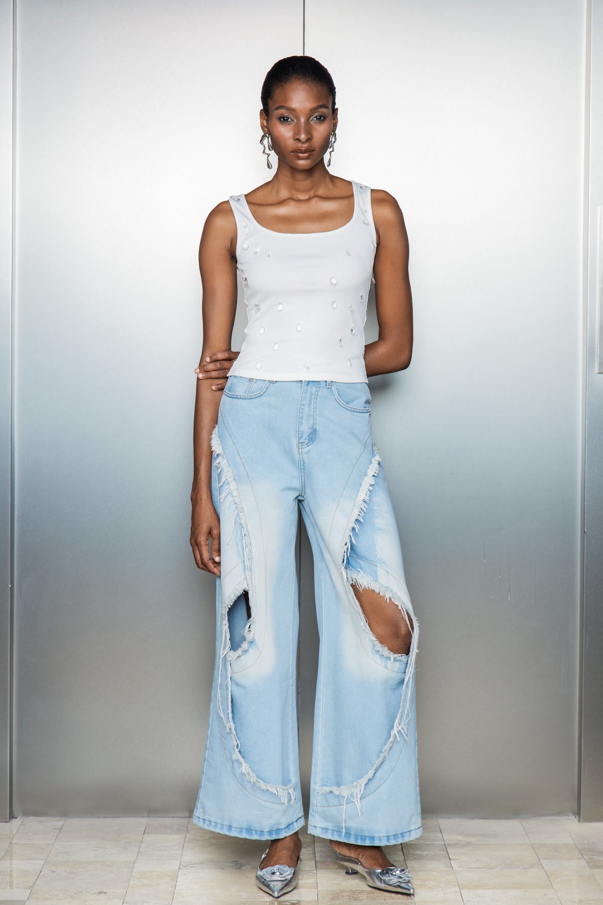 Cas Cutout Deconstruct Fringe Jeans In Blue