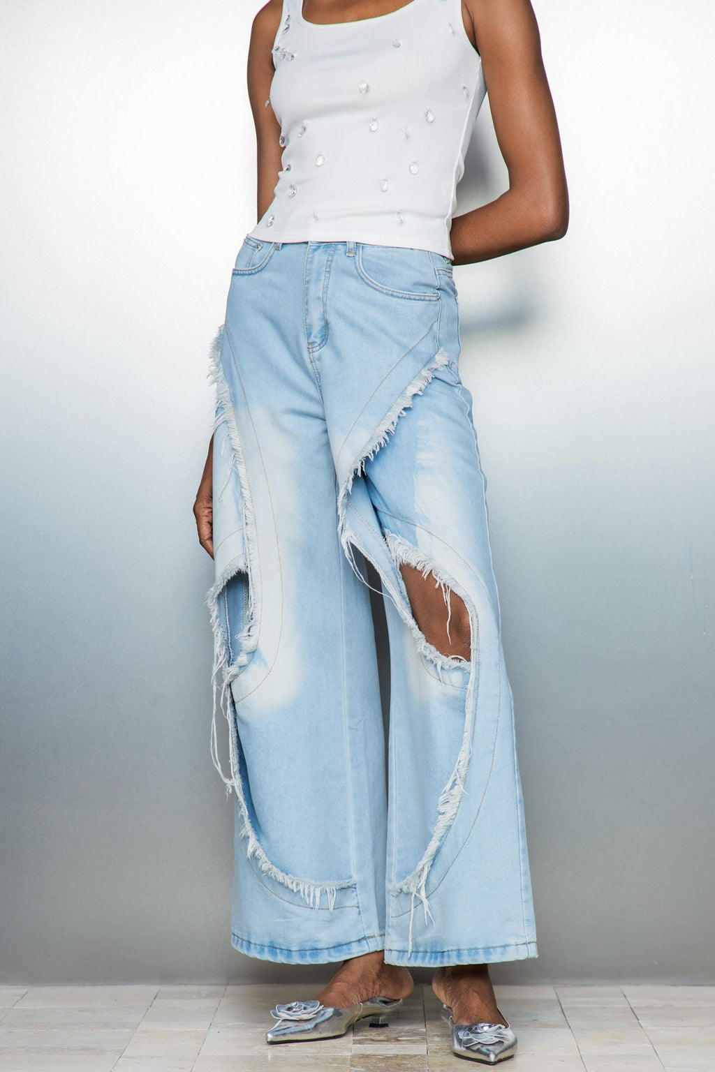 Cas Cutout Deconstruct Fringe Jeans In Blue