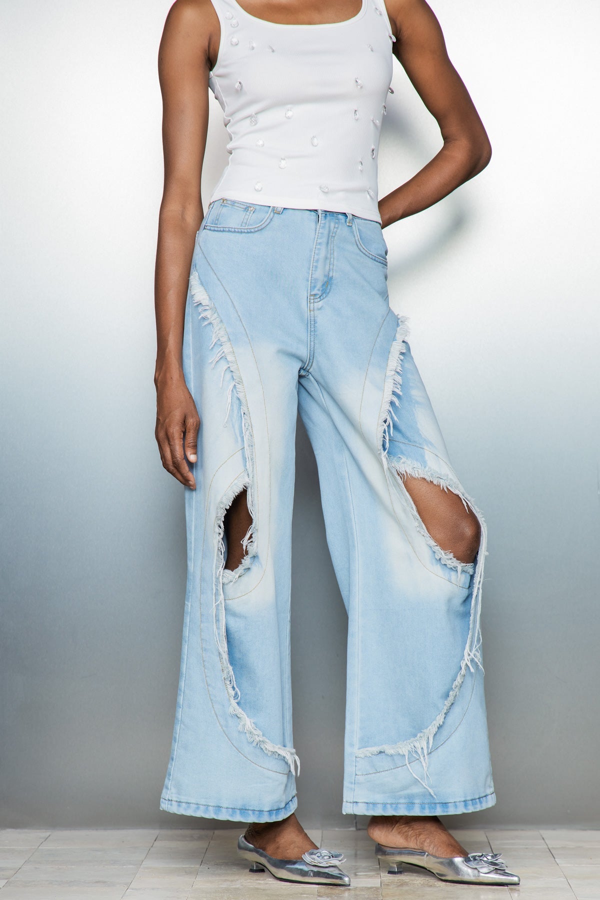 Cas Cutout Deconstruct Fringe Jeans In Blue