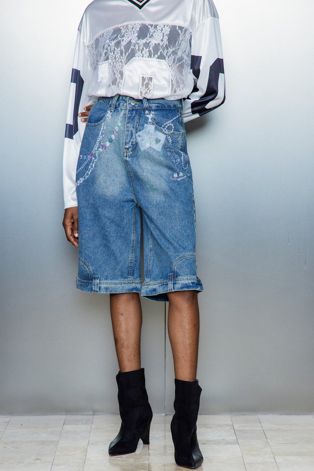 Cassia Chain Print Midi Jeans In Blue