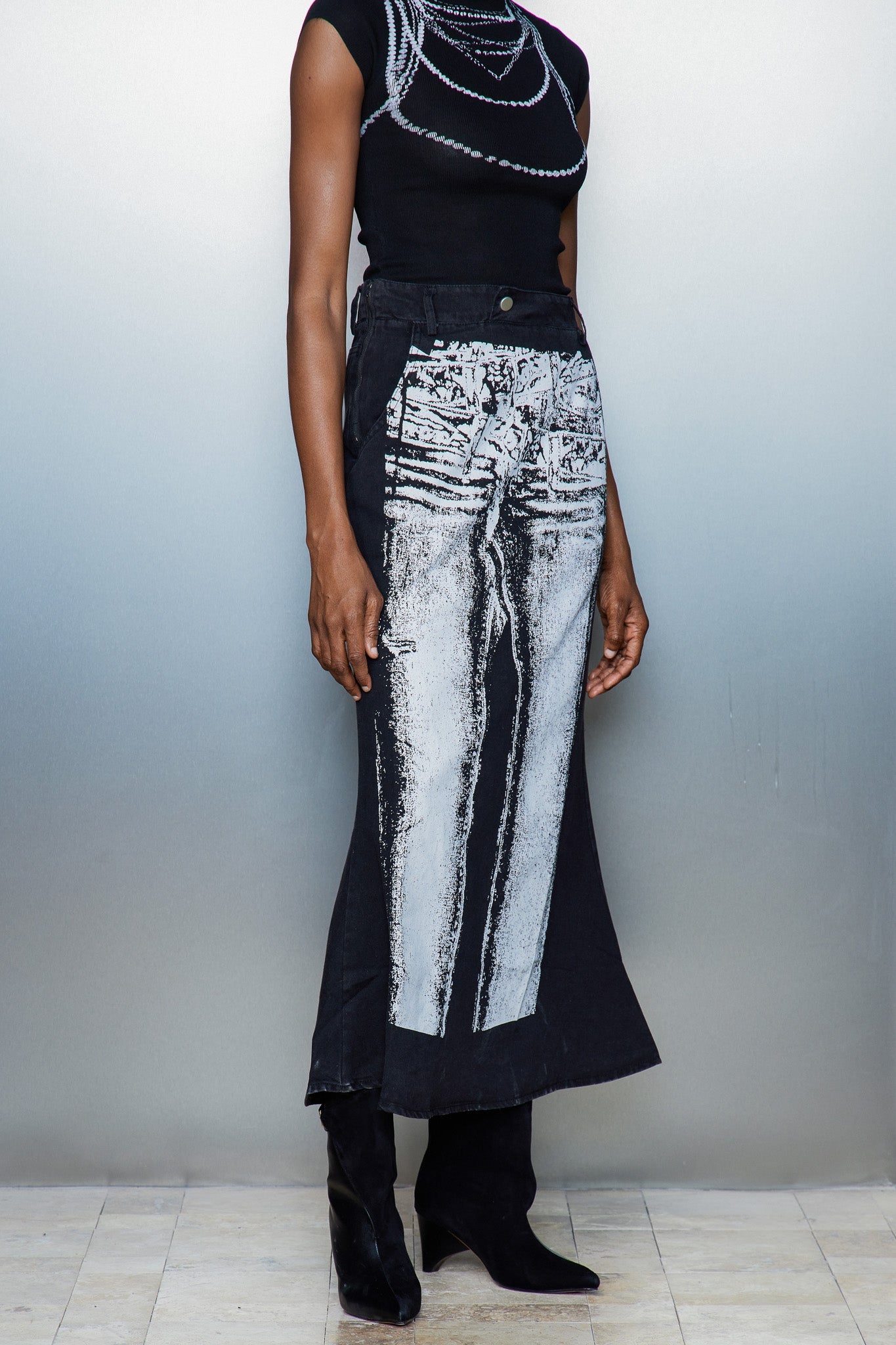 Cassiopea Illusion Print Denim Maxi Skirt