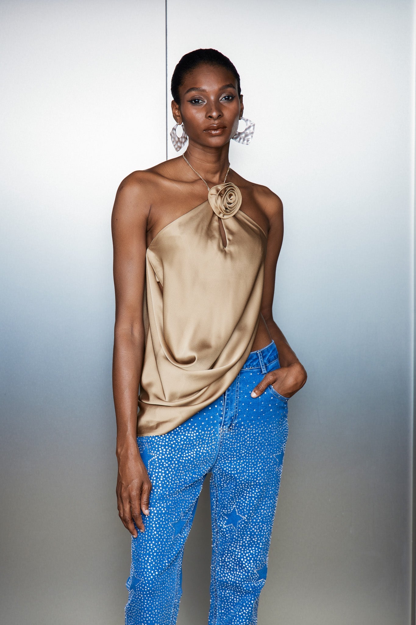 Catellus Flower Satin Ruch Top In Gold