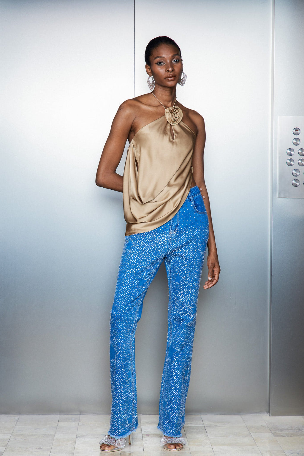 Catellus Flower Satin Ruch Top In Gold