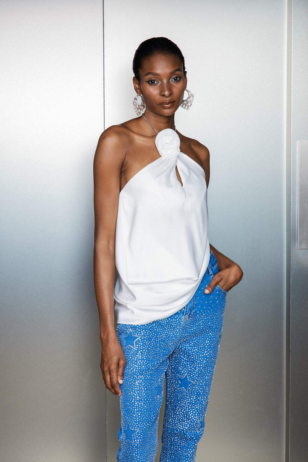 Catellus Flower Satin Ruch Top In White