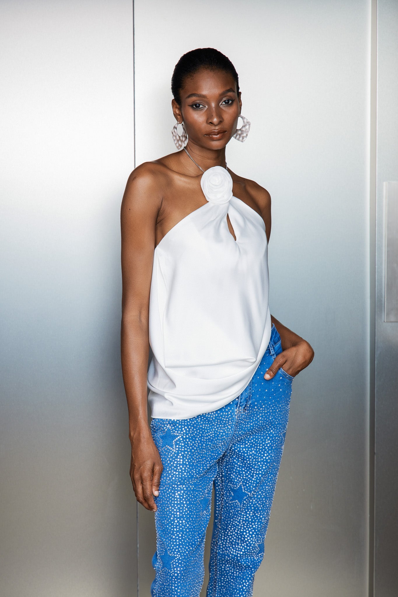 Catellus Flower Satin Ruch Top In White