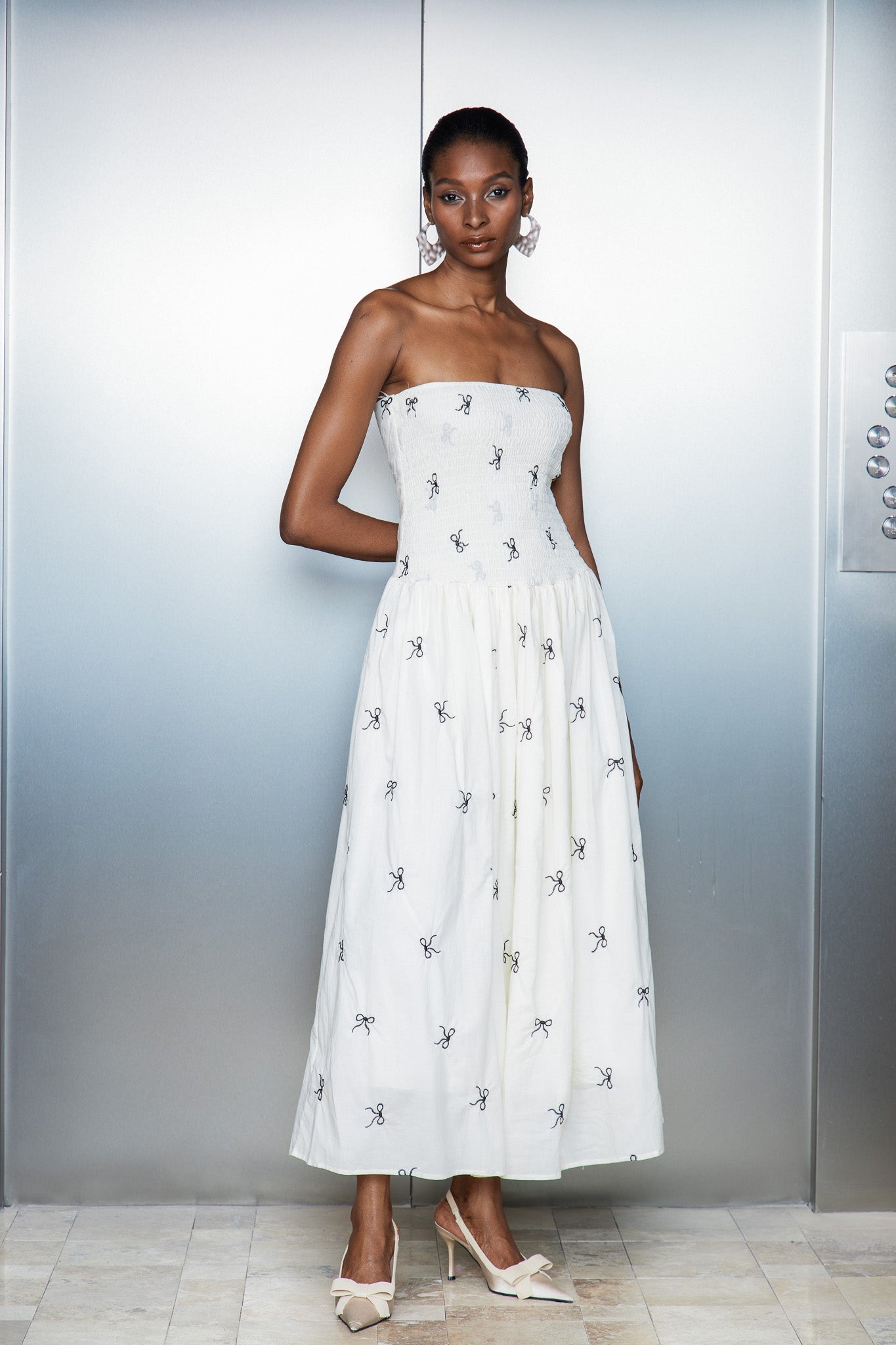 Caterina Strapless Bow Ruffle Maxi Dress