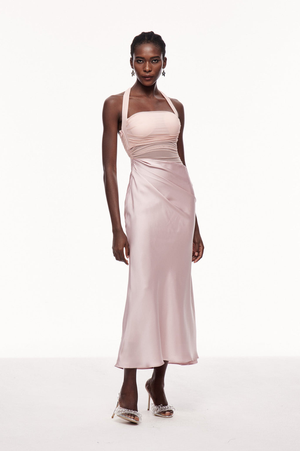 Catharina Halter Neck Ruch Satin Maxi Dress