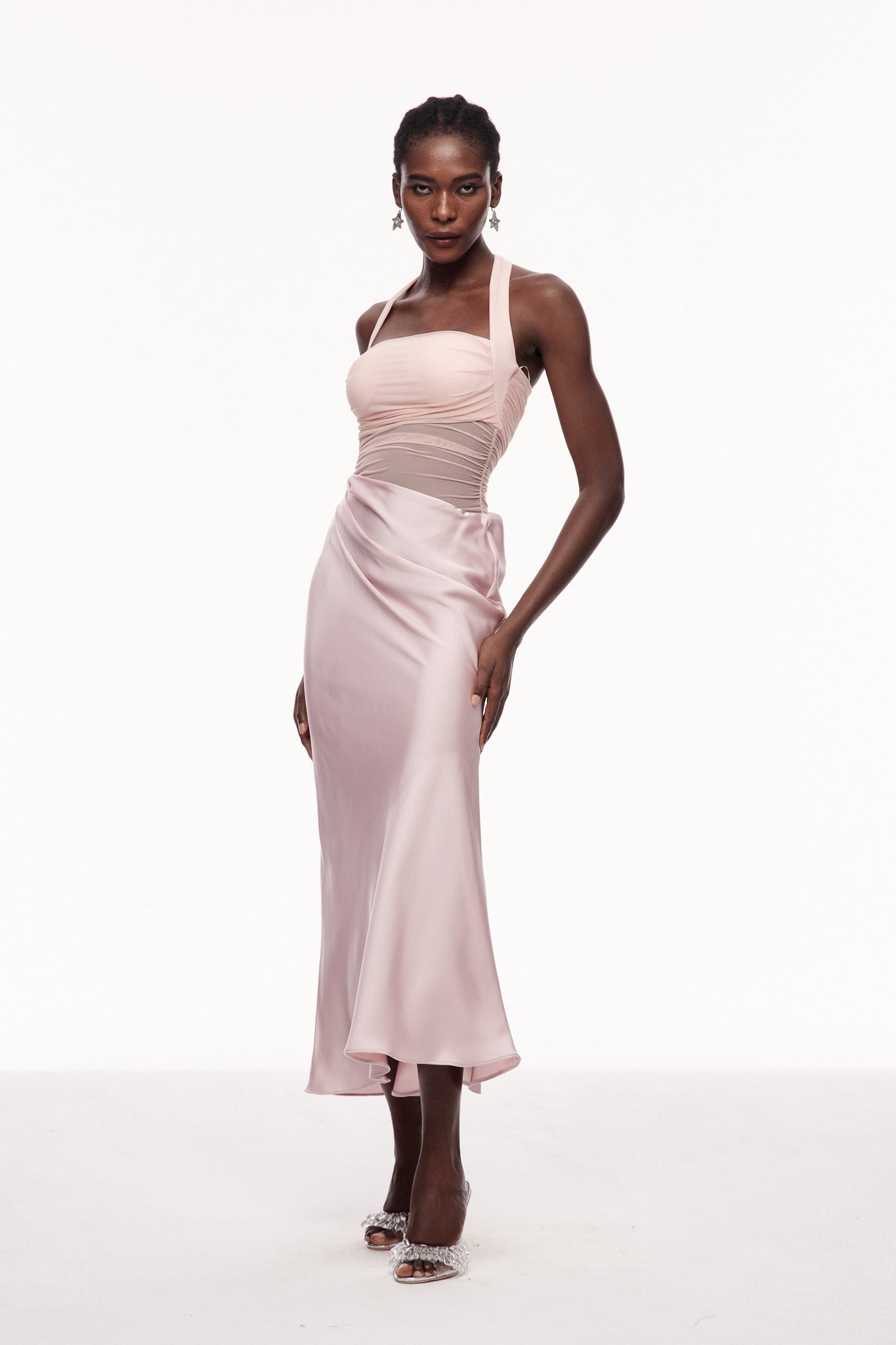Catharina Halter Neck Ruch Satin Maxi Dress