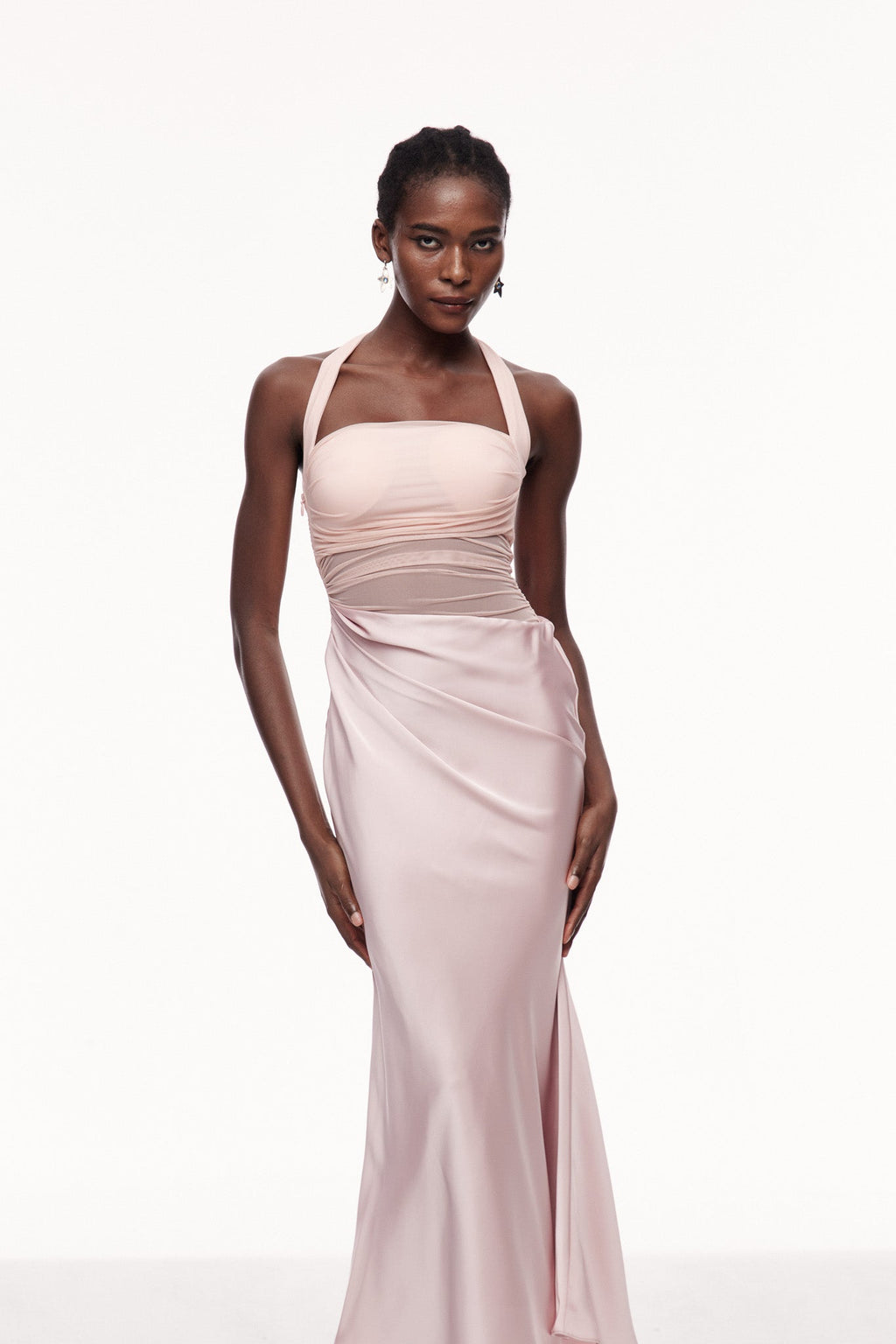 Catharina Halter Neck Ruch Satin Maxi Dress
