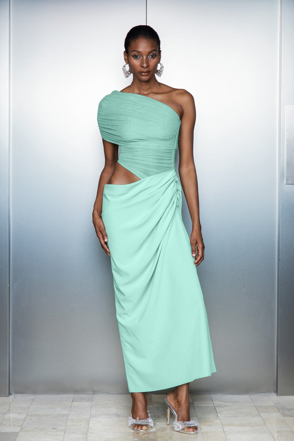 Catharina One Shouder Mesh Ruch Maxi Dress