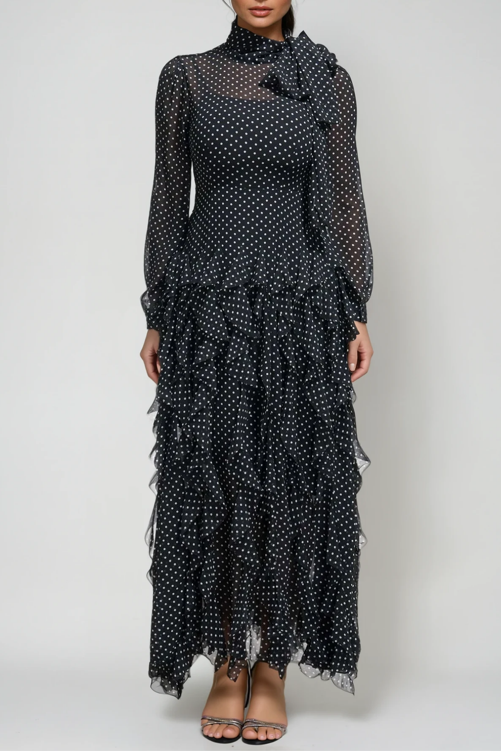 Catriona Dot Bow Ruffle Maxi Dress In Black