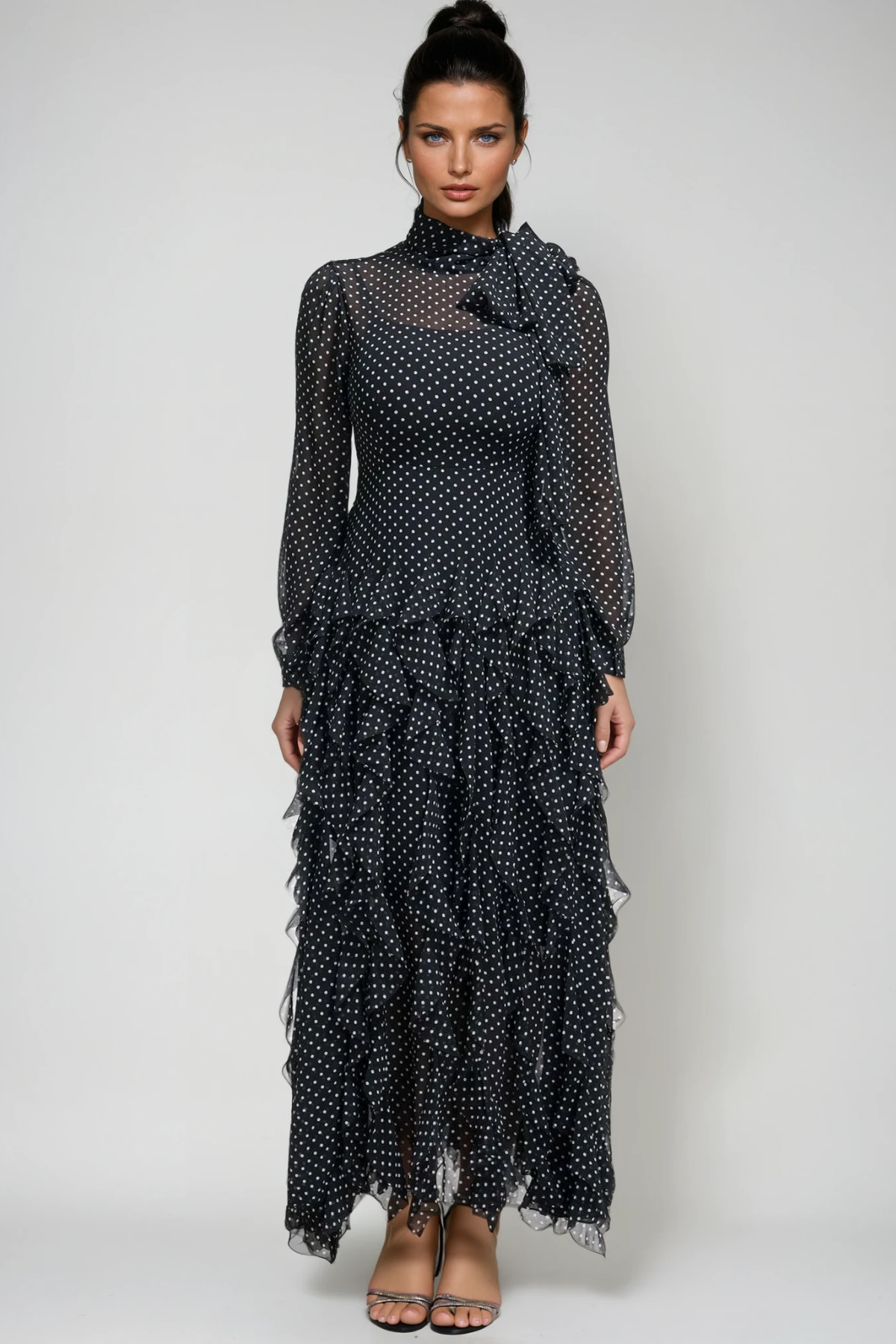 Catriona Dot Bow Ruffle Maxi Dress In Black