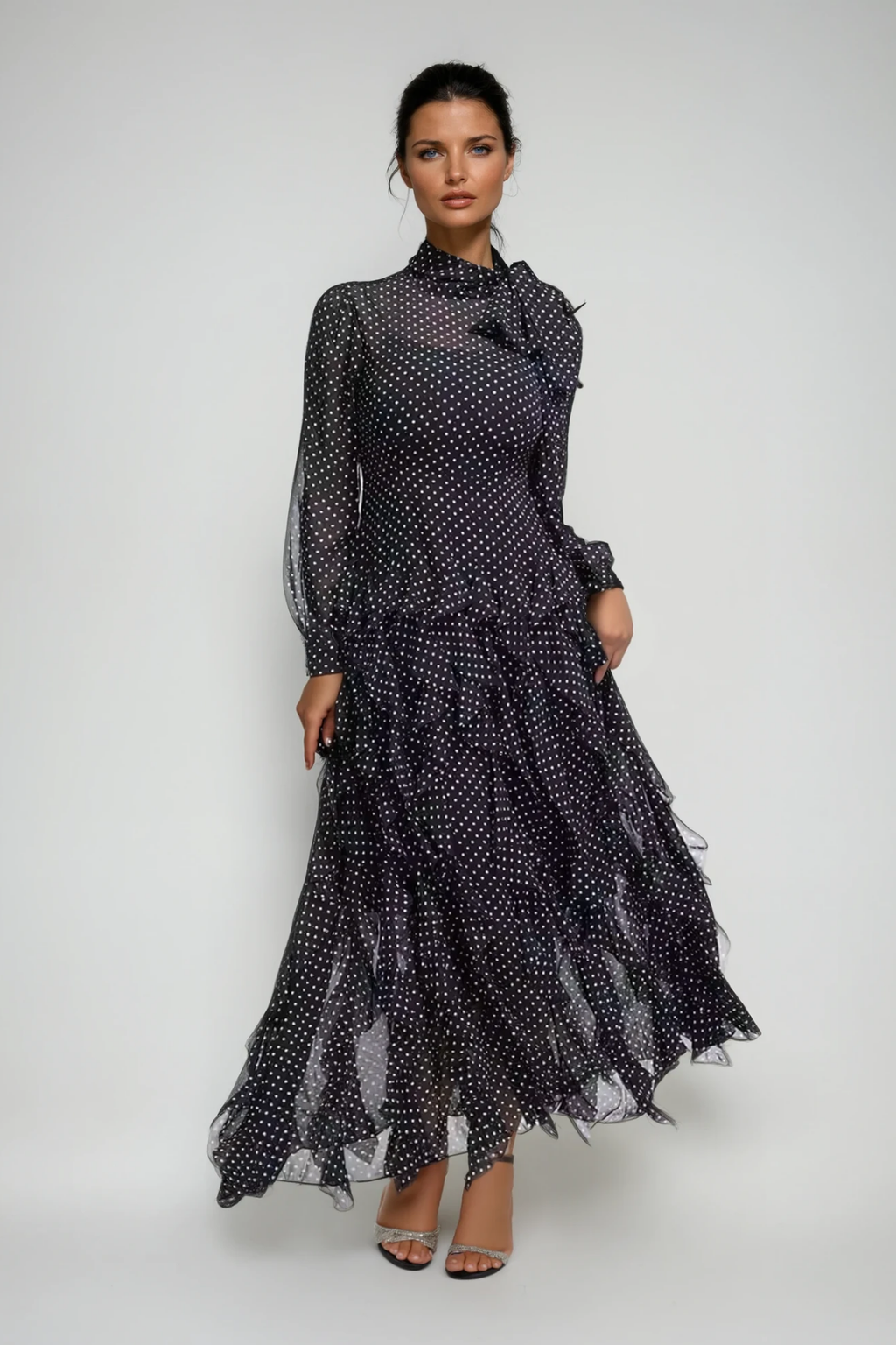 Catriona Dot Bow Ruffle Maxi Dress In Black