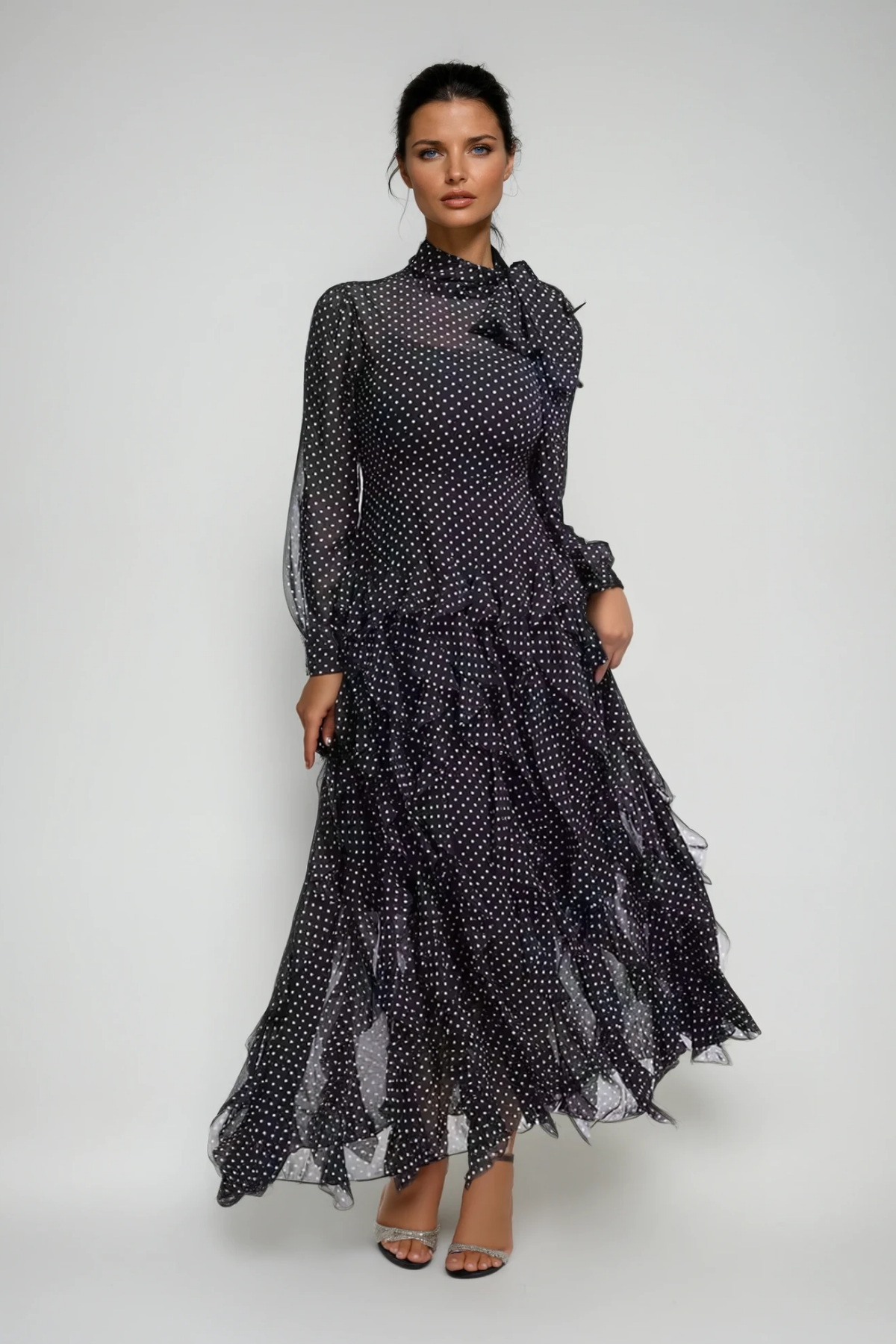 Catriona Dot Bow Ruffle Maxi Dress In Black