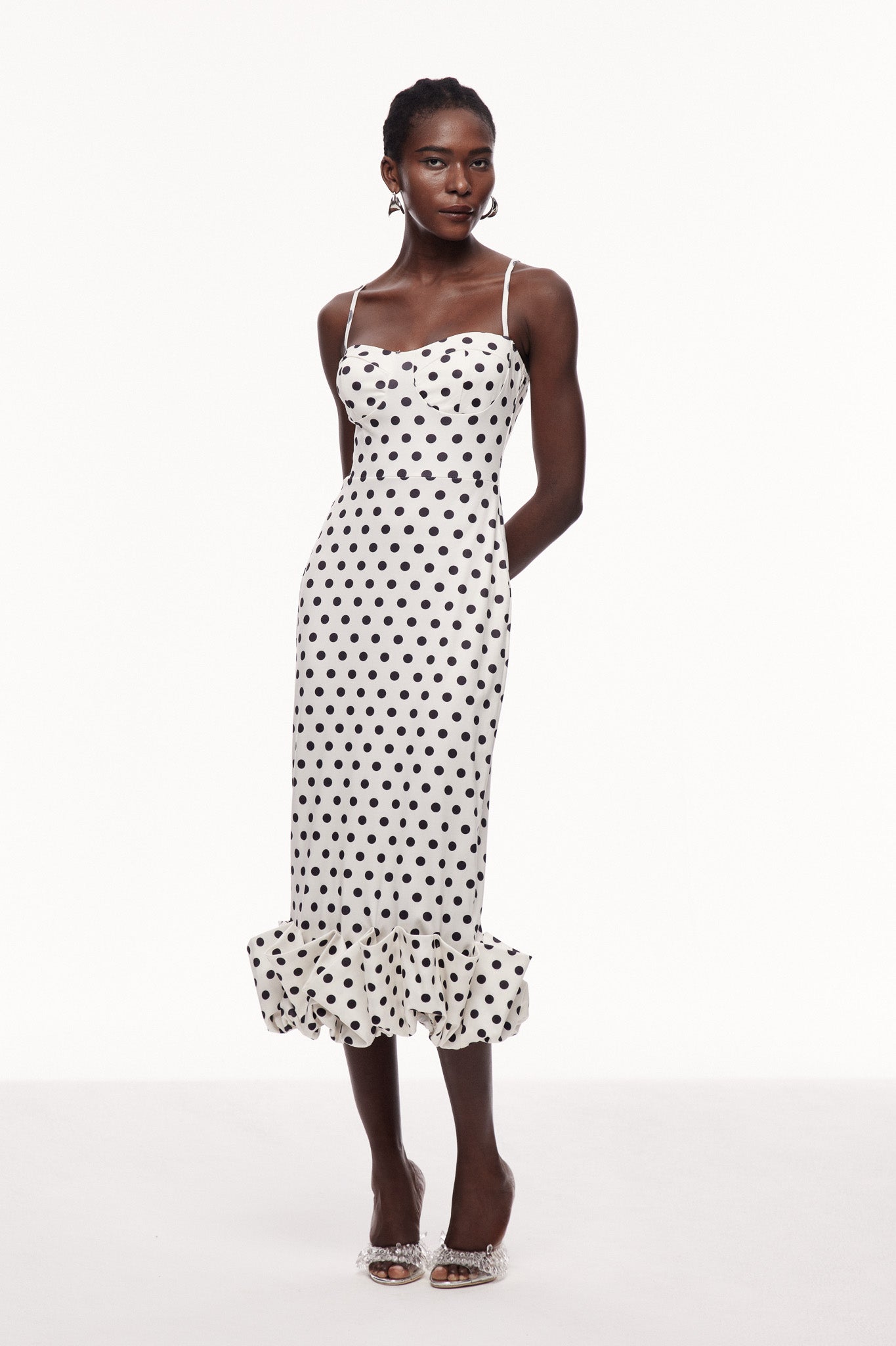 Cauan Dot Ruffle Bodycon Maxi Dress