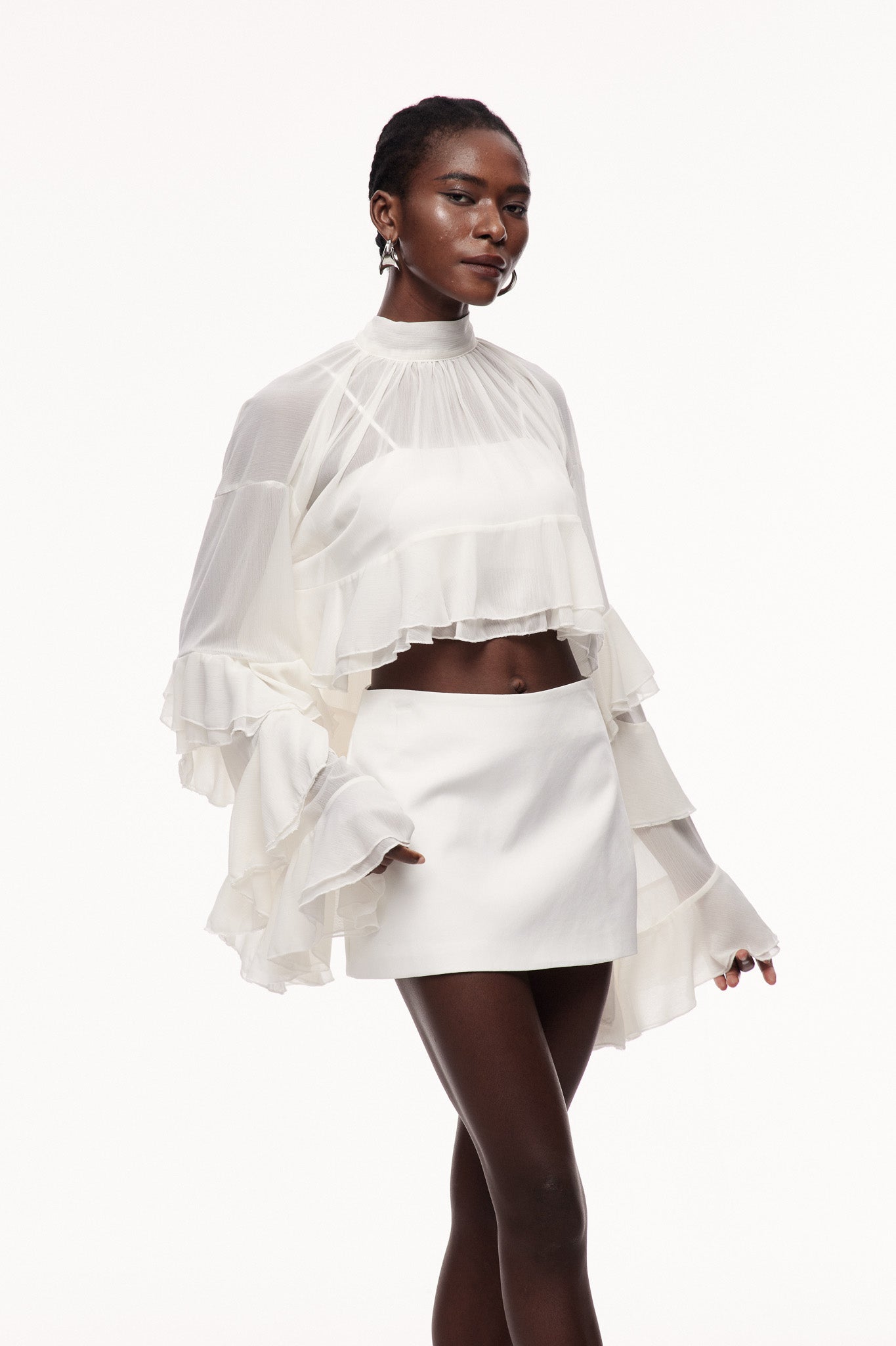 Ceallach Ruffle Long Sleeve Top In White