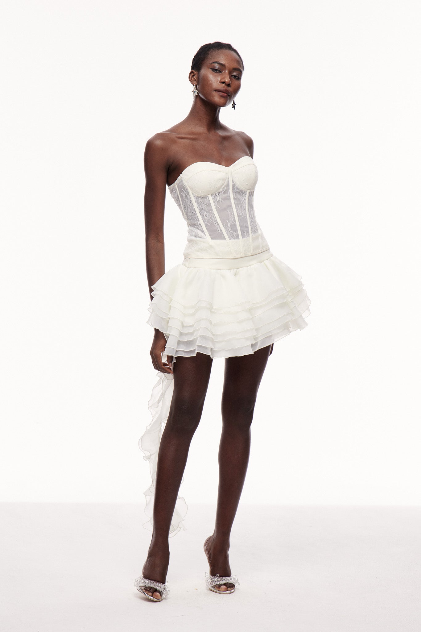 Cellach Lace Corset Asymmetric Fringe Skirt Set