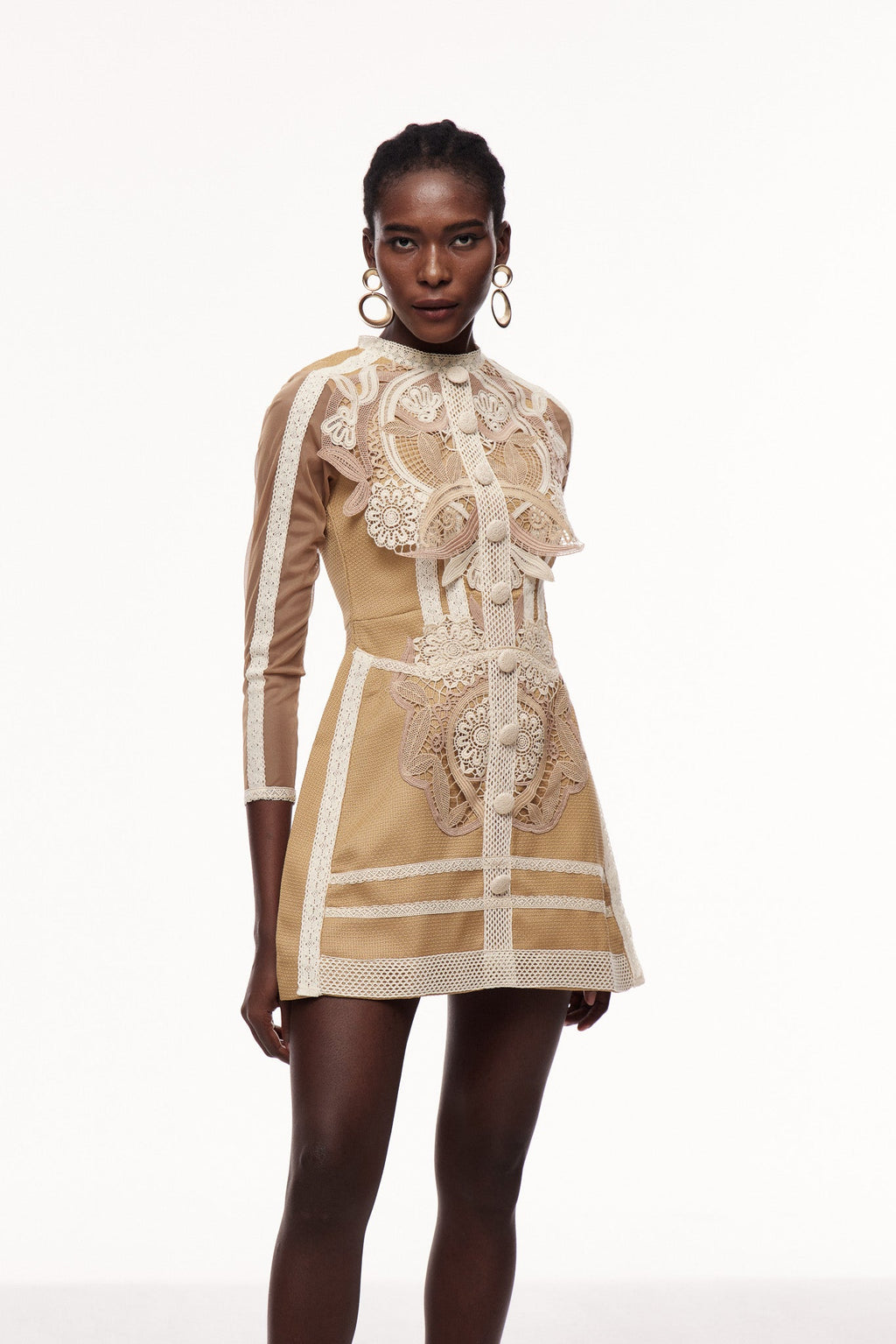 Cenk Lace Embroidered Long Sleeve Mini Dress