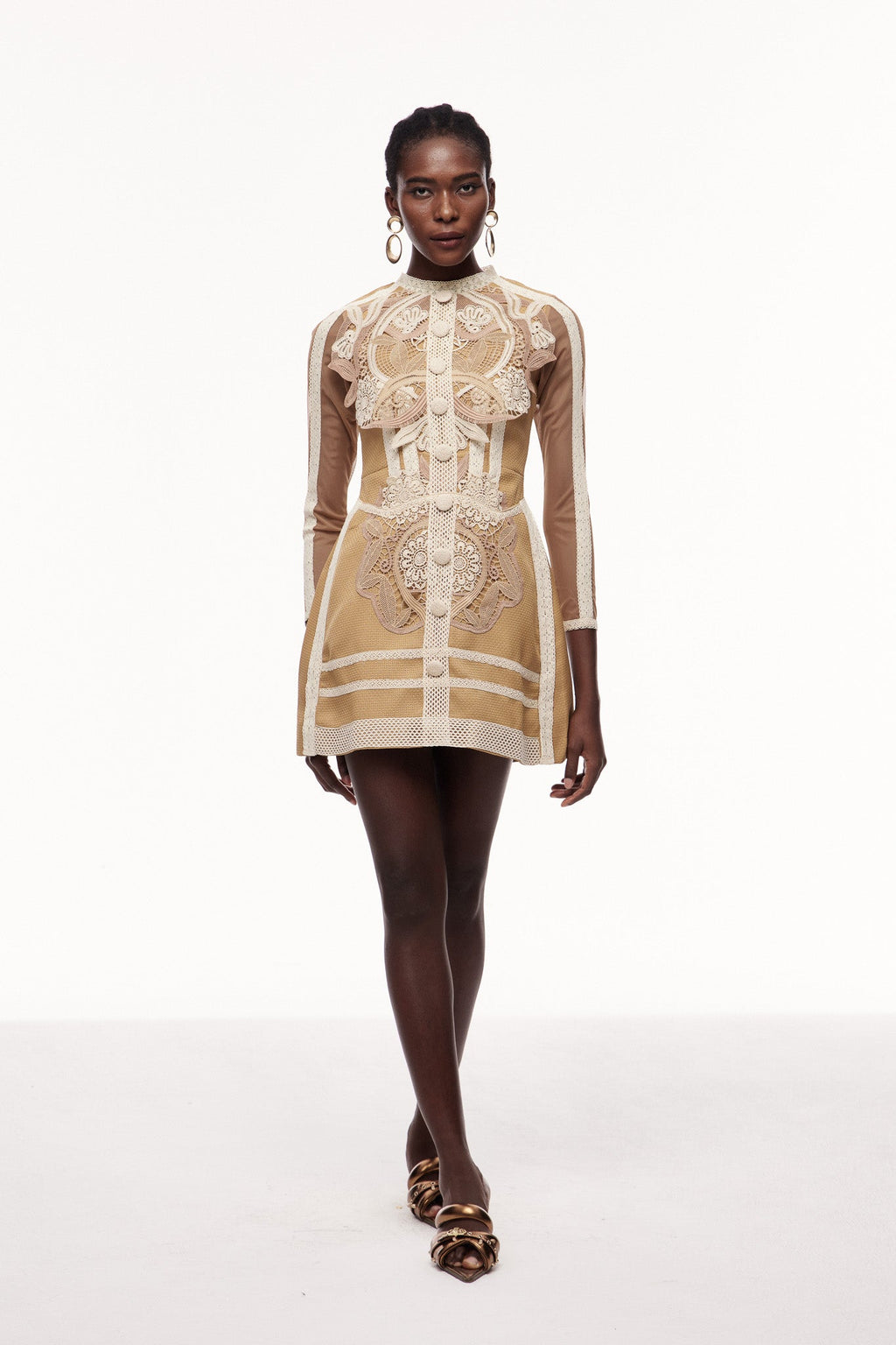 Cenk Lace Embroidered Long Sleeve Mini Dress
