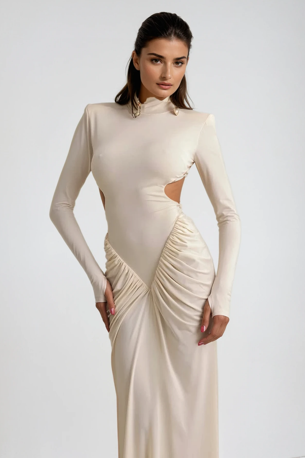 Cesarina Cutout Ruch Long Sleeve Maxi Dress