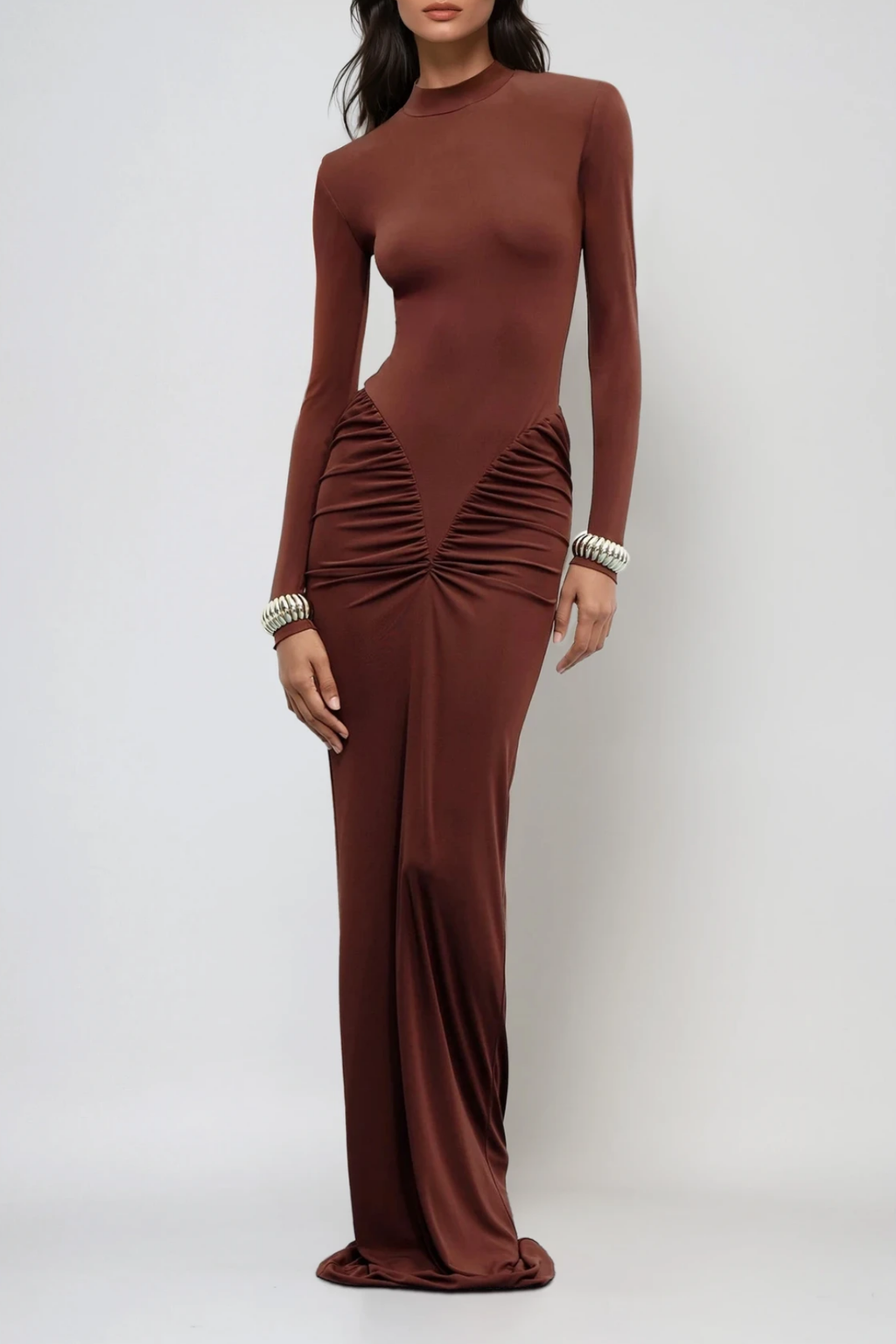 Cesarina Deconstruct Ruch Bodycon Maxi Dress In Rust Brown