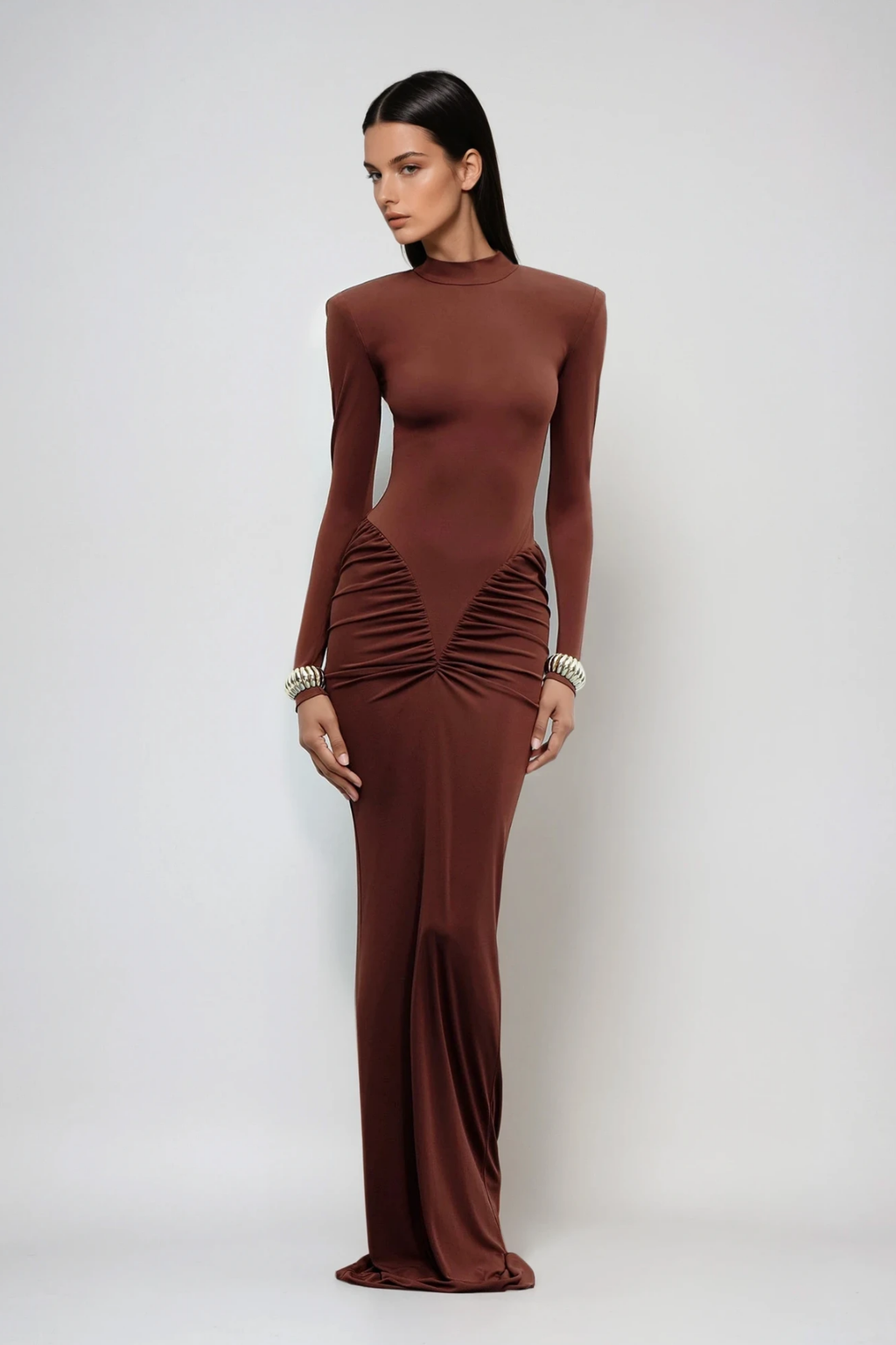 Cesarina Deconstruct Ruch Bodycon Maxi Dress In Rust Brown
