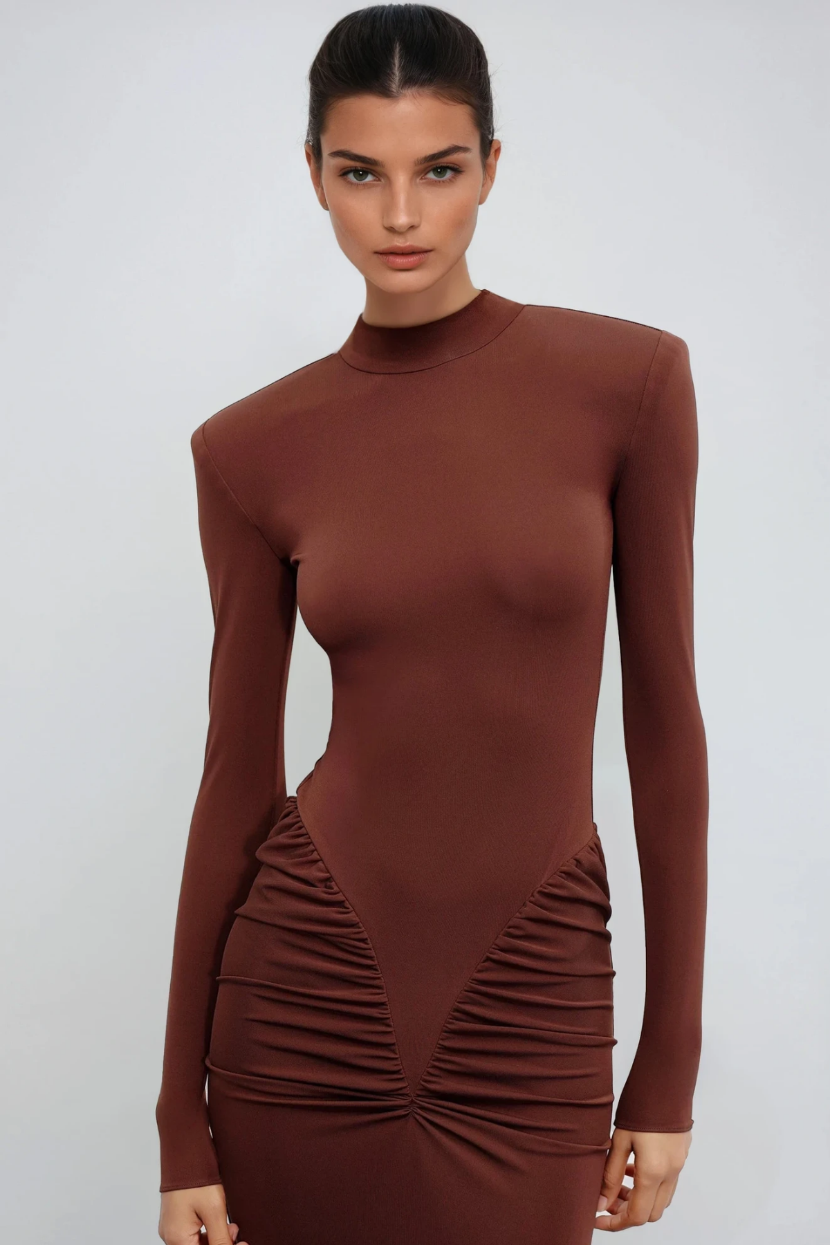 Cesarina Deconstruct Ruch Bodycon Maxi Dress In Rust Brown