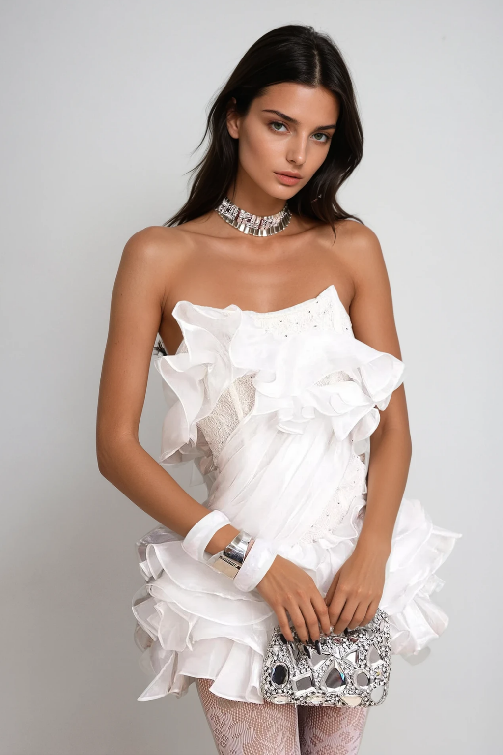 Cevahir Embroidered Ruffle Corset Mini Dress