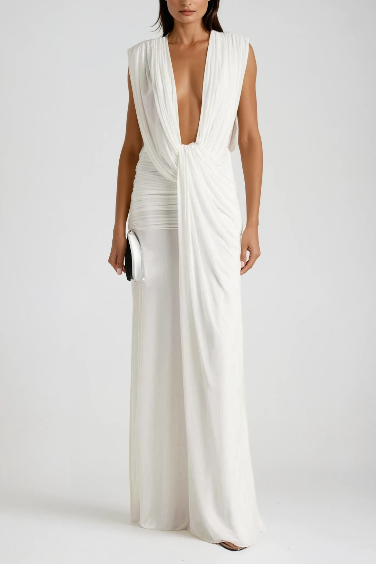 Ceylin Plunge Ruch Asymmetric Maxi Dress