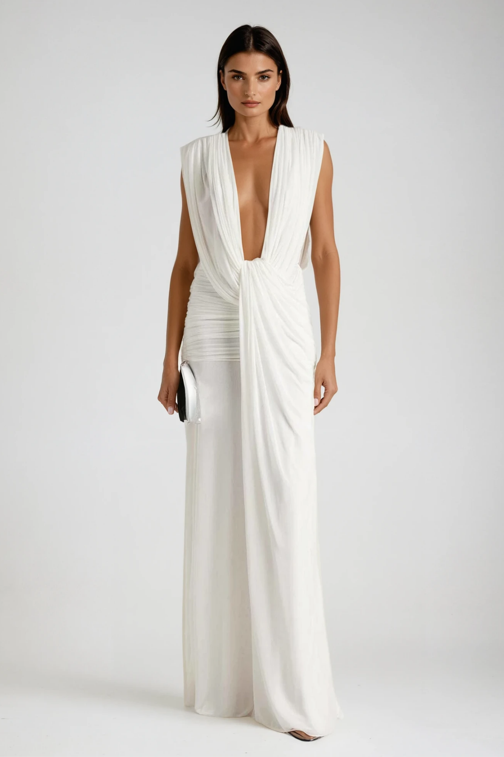 Ceylin Plunge Ruch Asymmetric Maxi Dress