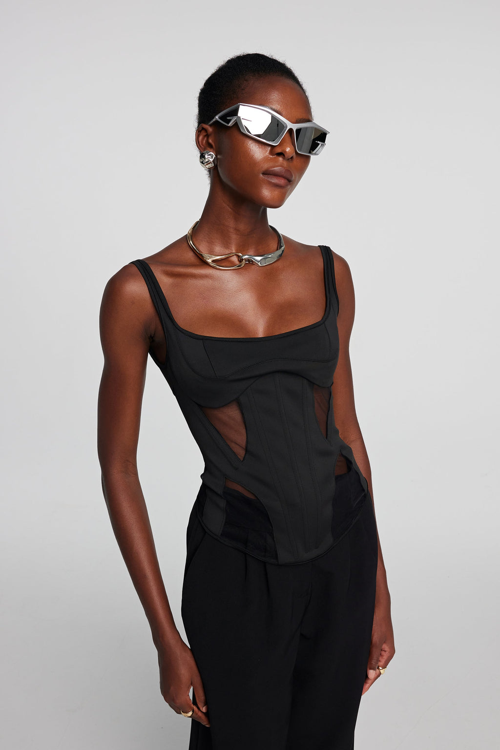 Chana Corset Mesh See Through Top In Black