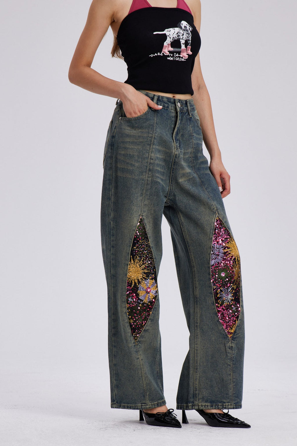 Charla Embroidered Bleached Straight Jeans