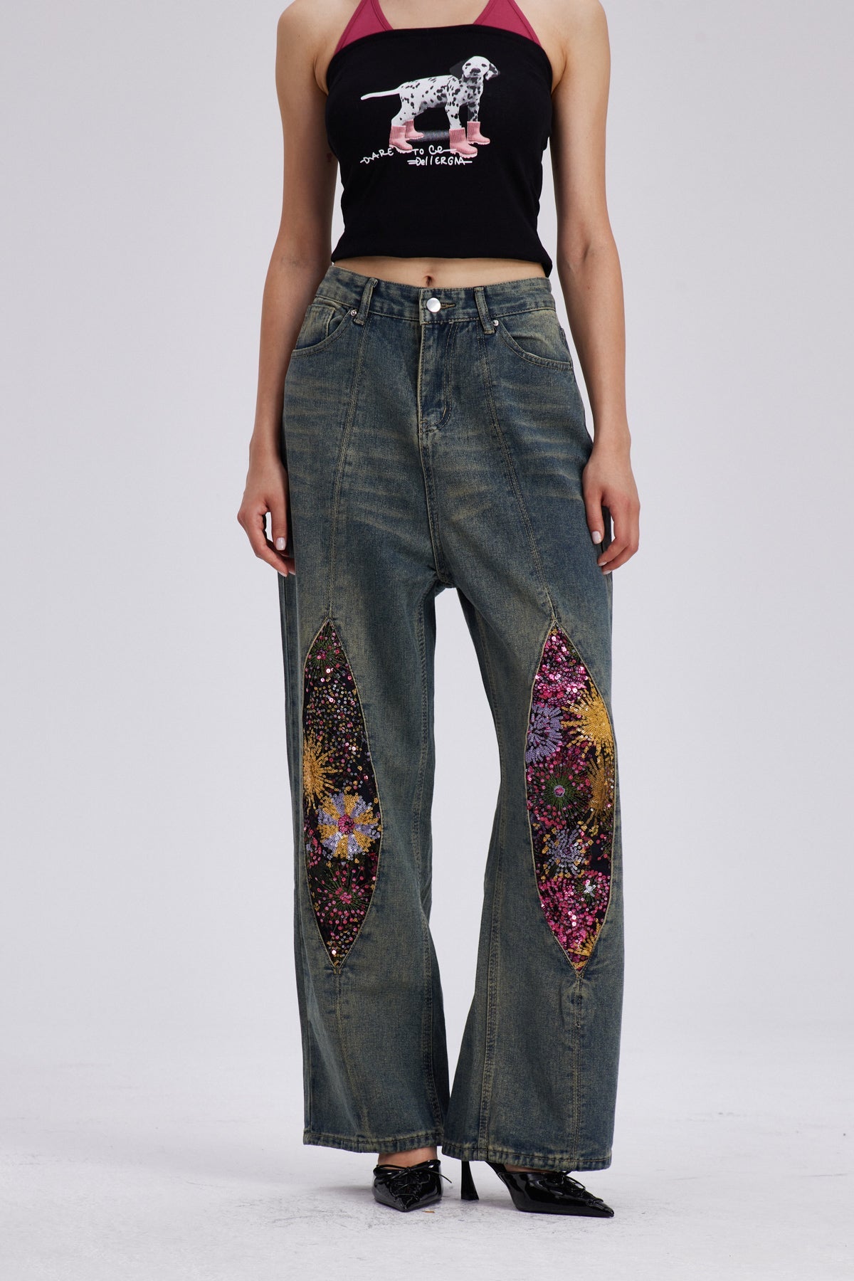 Charla Embroidered Bleached Straight Jeans