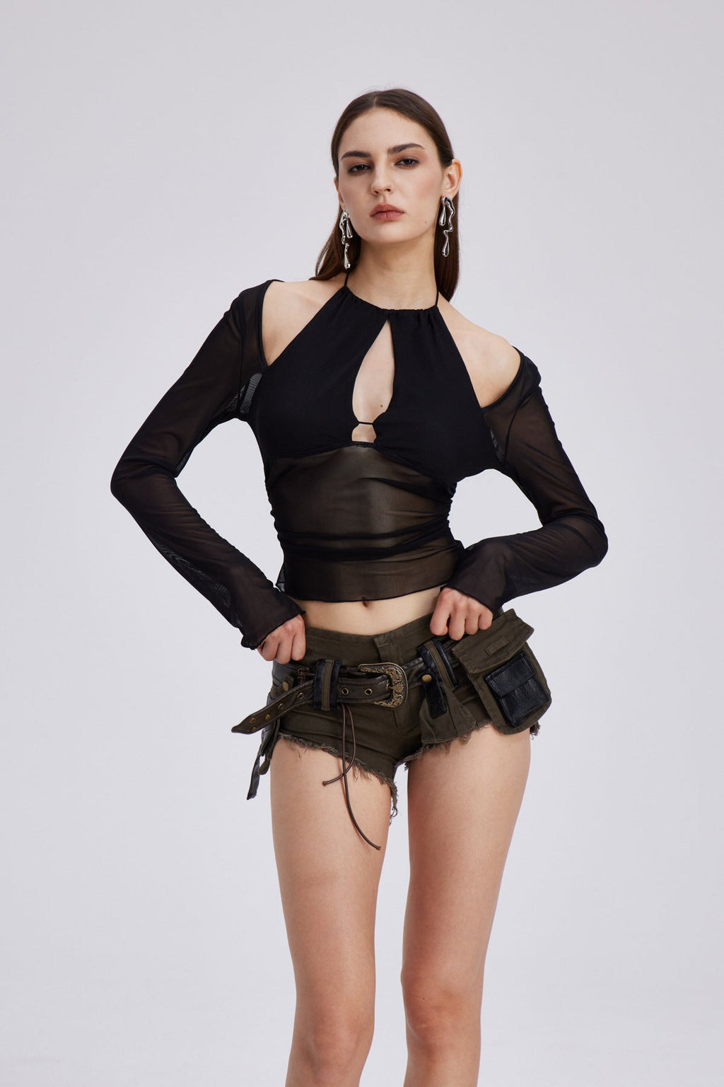 Charmian Mesh Cutout Long Sleeve Top
