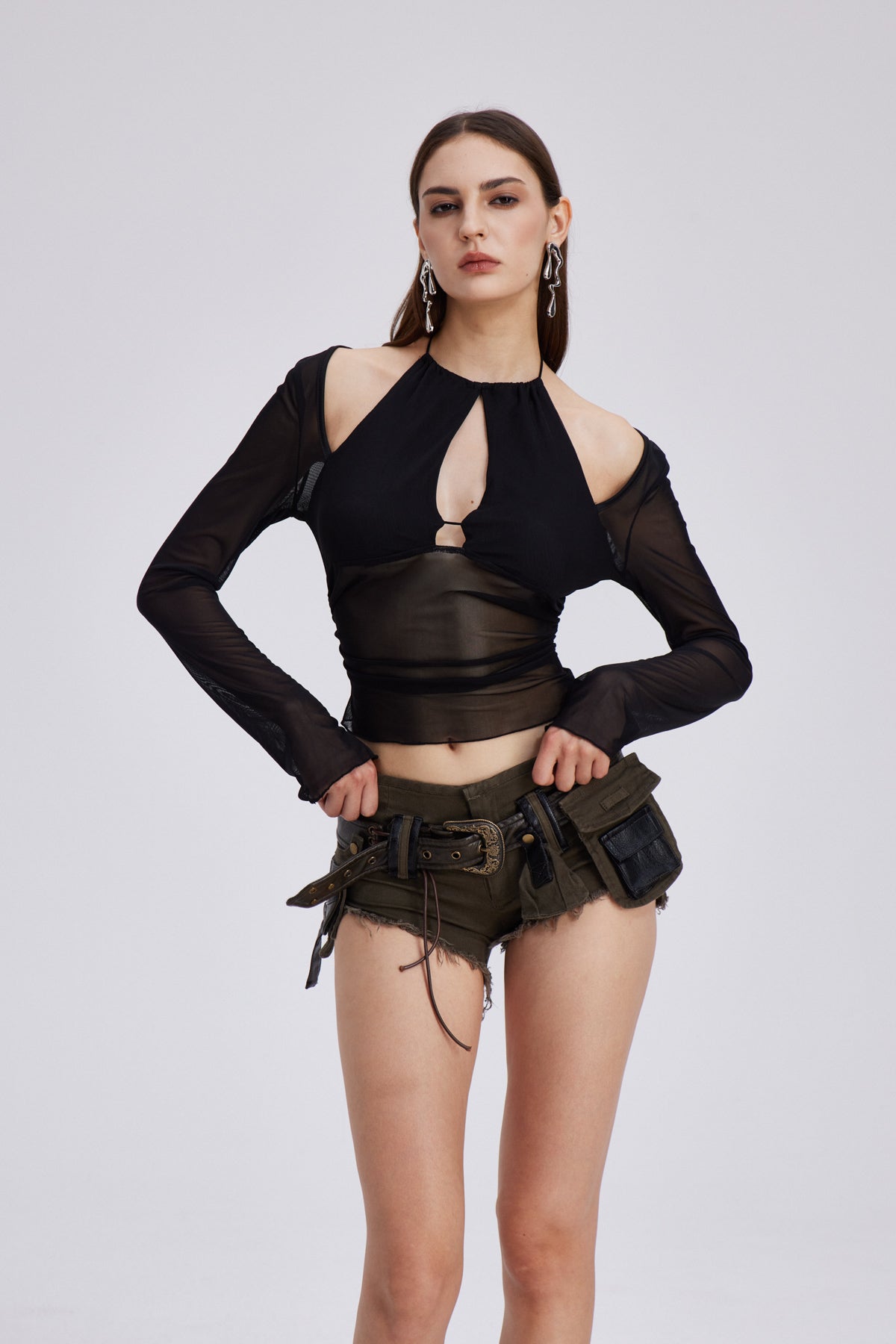 Charmian Mesh Cutout Long Sleeve Top