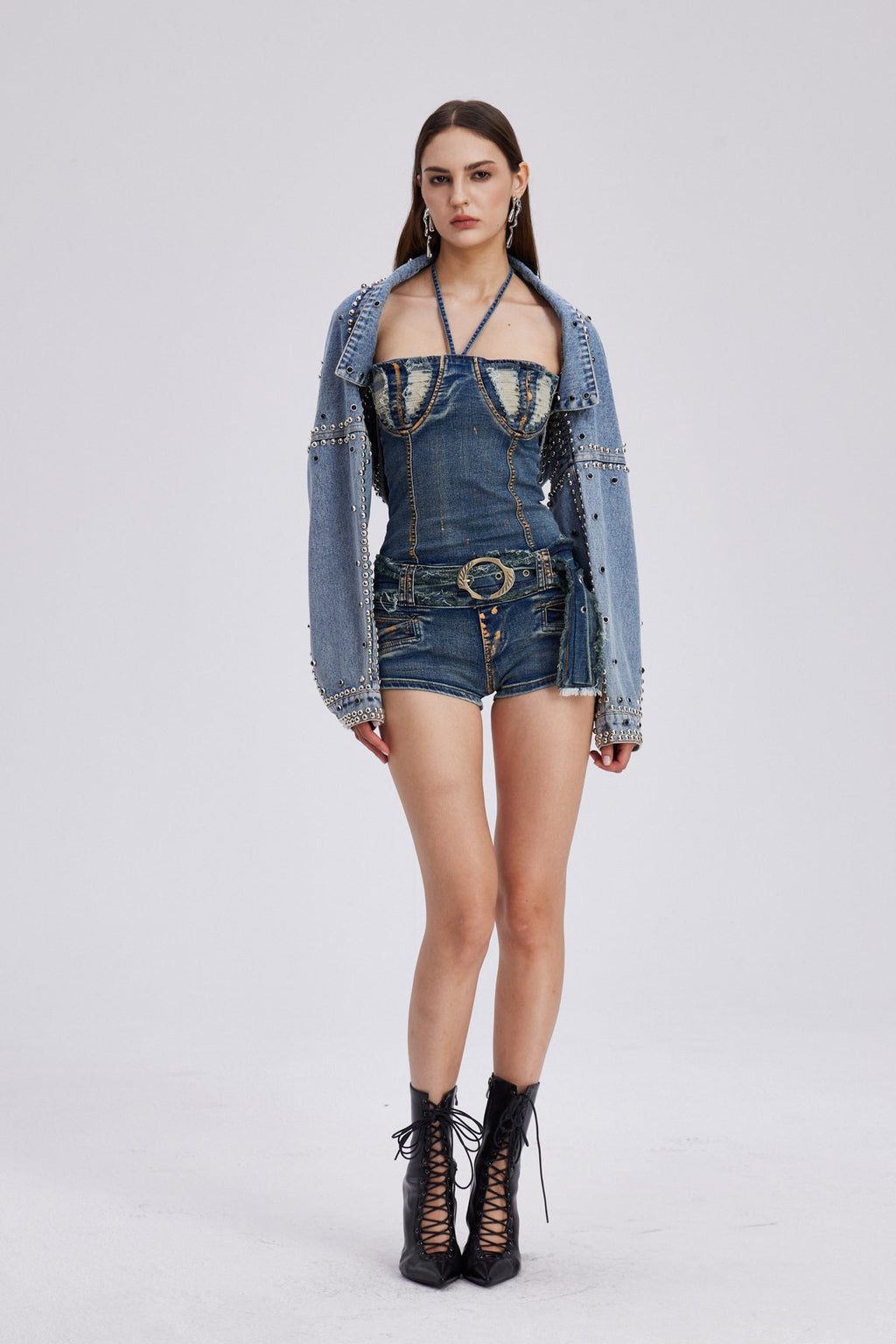 Charo Embellished Shawl Denim Jacket