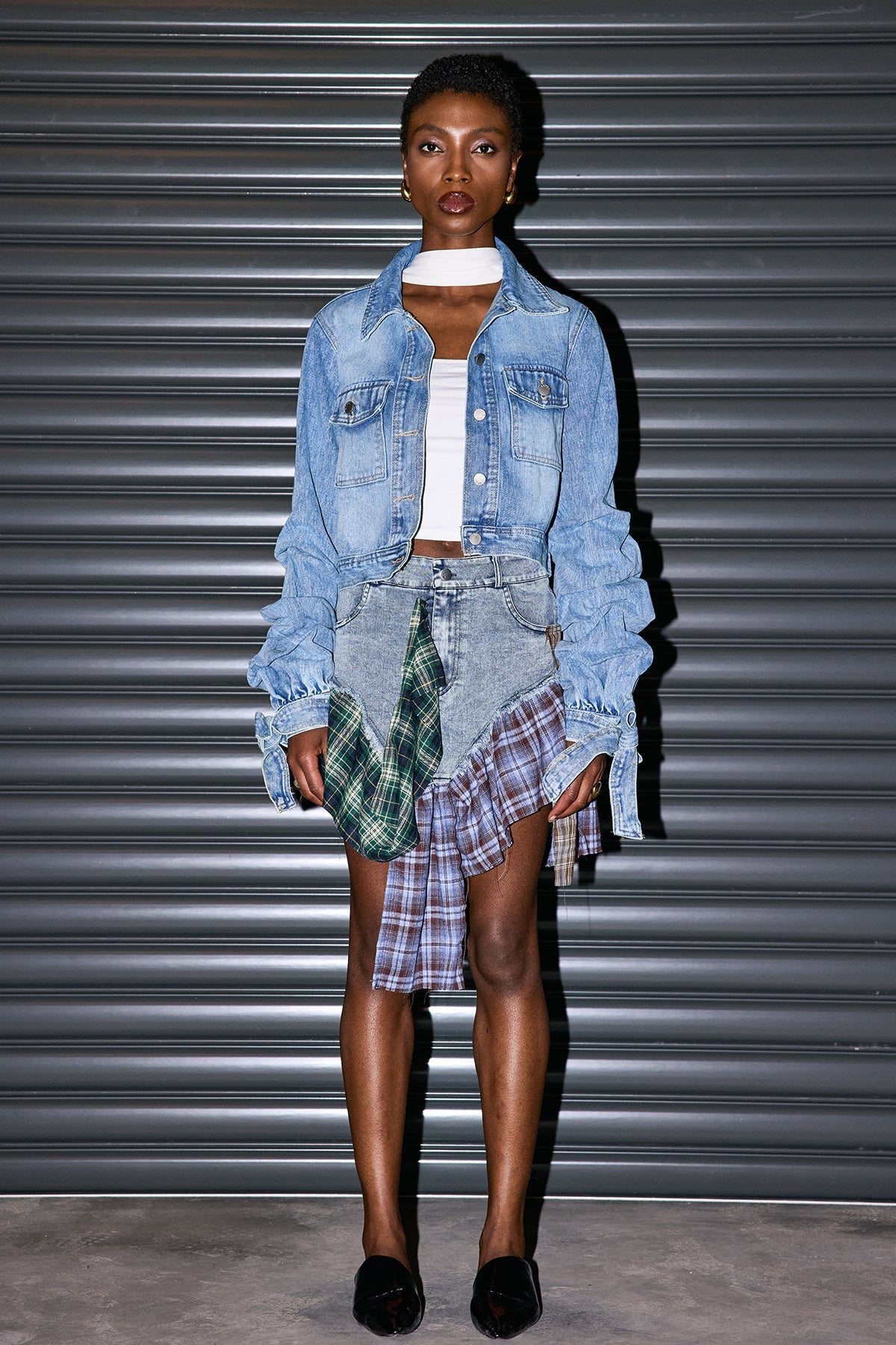 Charvi Grid Ruffle Patchwork Short Skirt