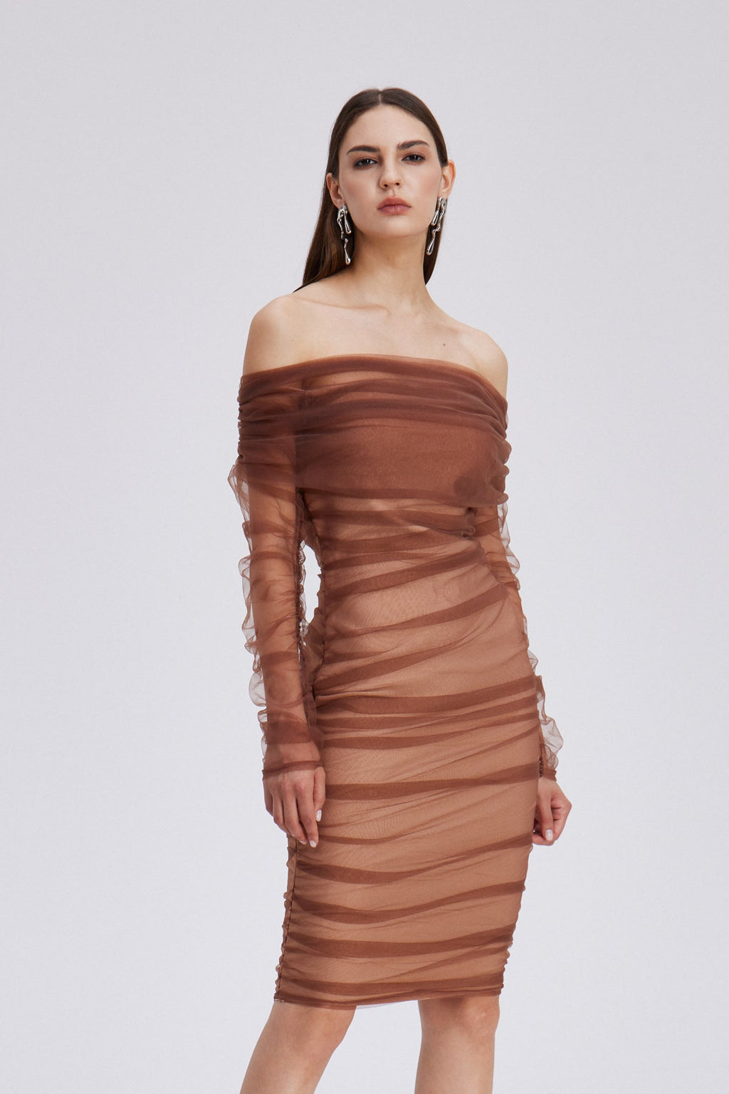 Chaska Mesh Ruch Bandage Midi Dress
