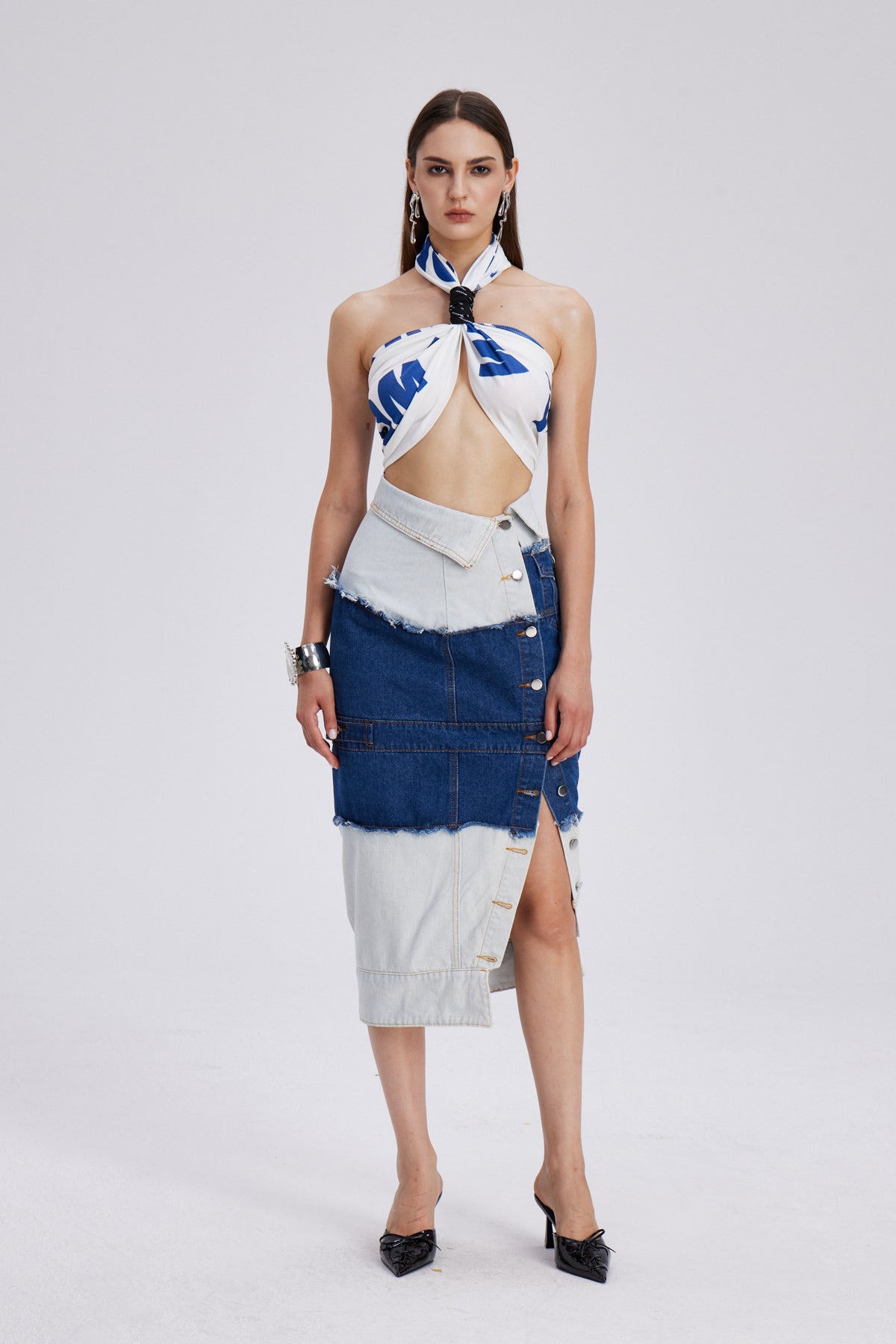 Che Deconstruct Asymmetric Denim Maxi Skirt