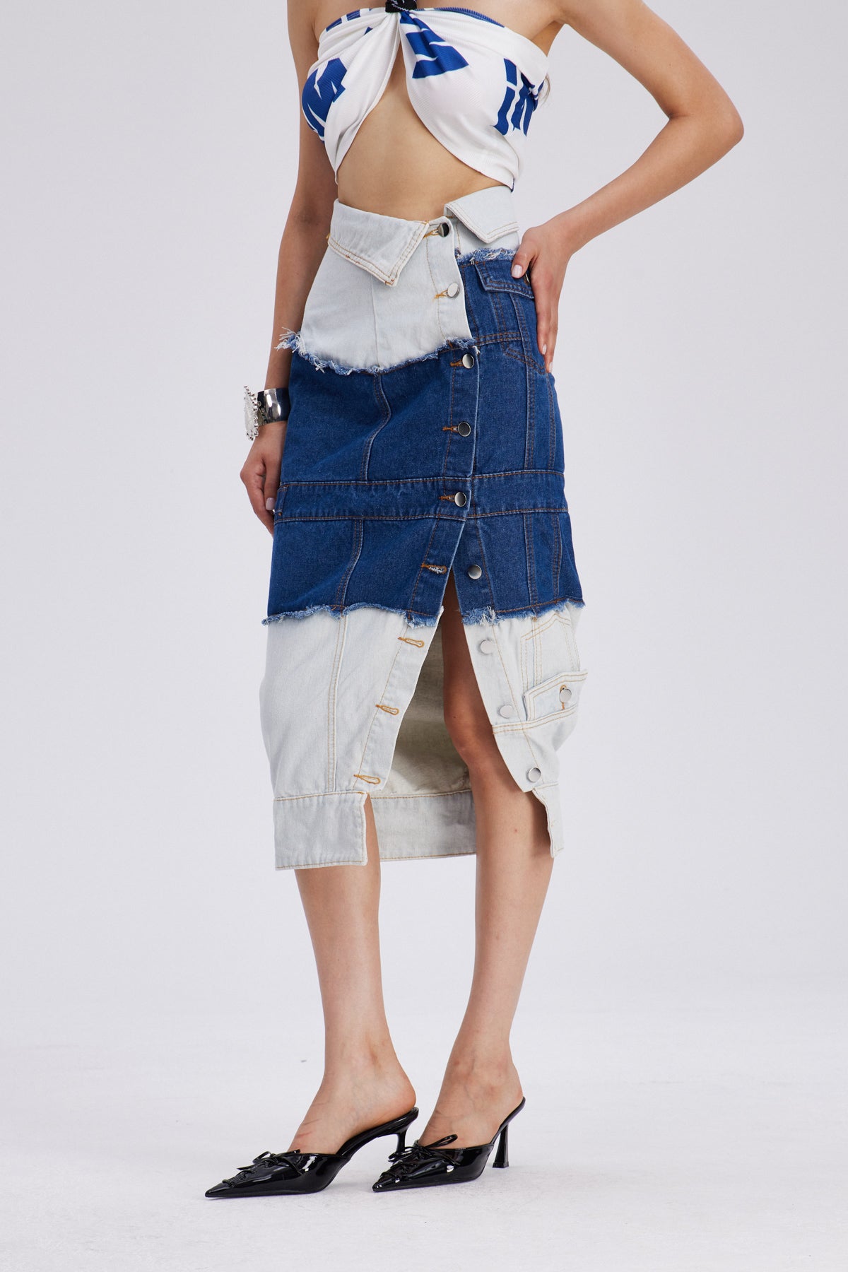 Che Deconstruct Asymmetric Denim Maxi Skirt