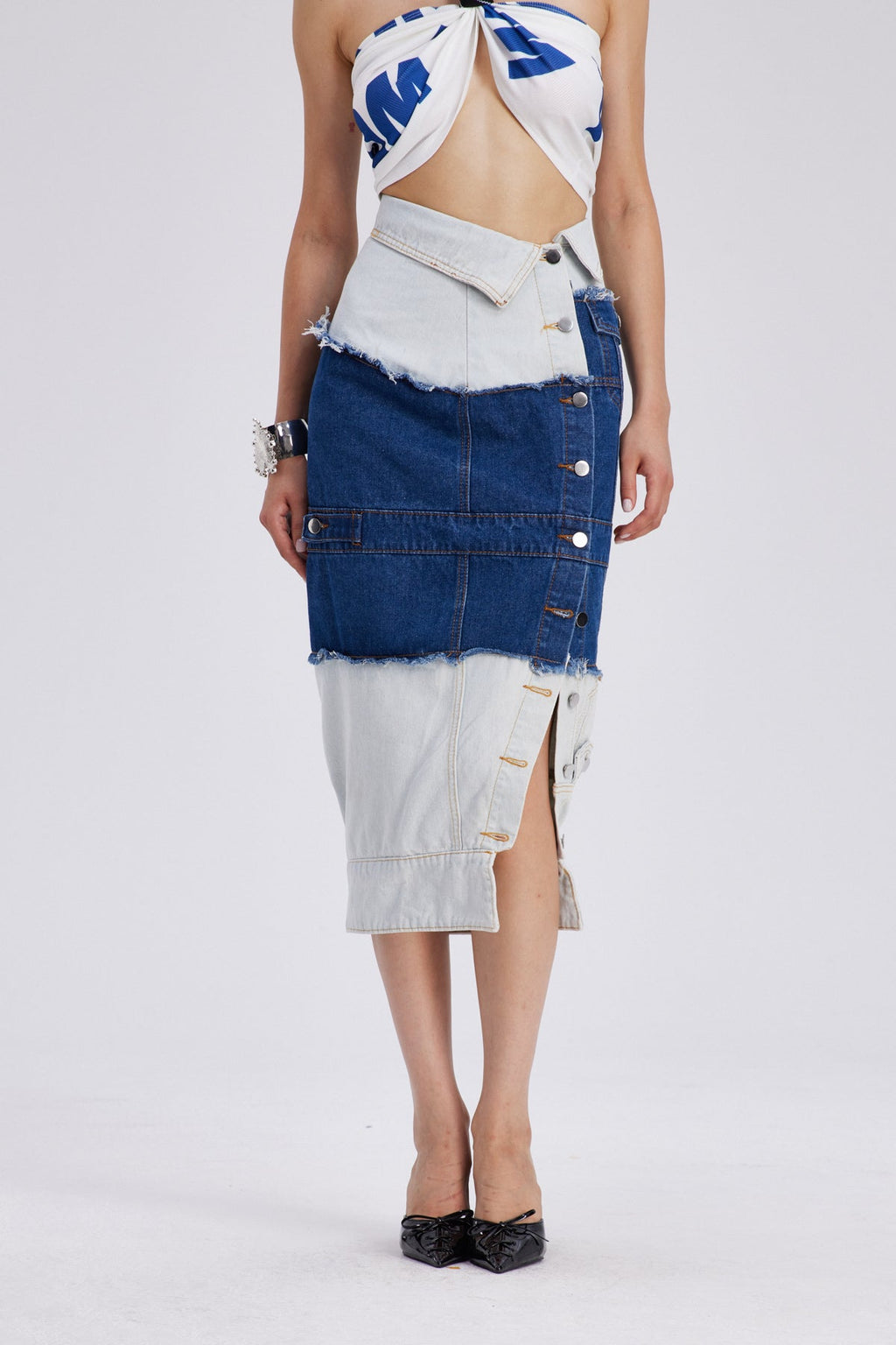 Che Deconstruct Asymmetric Denim Maxi Skirt