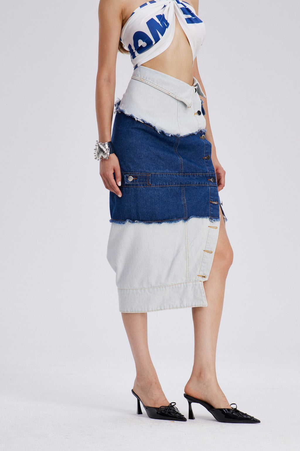 Che Deconstruct Asymmetric Denim Maxi Skirt
