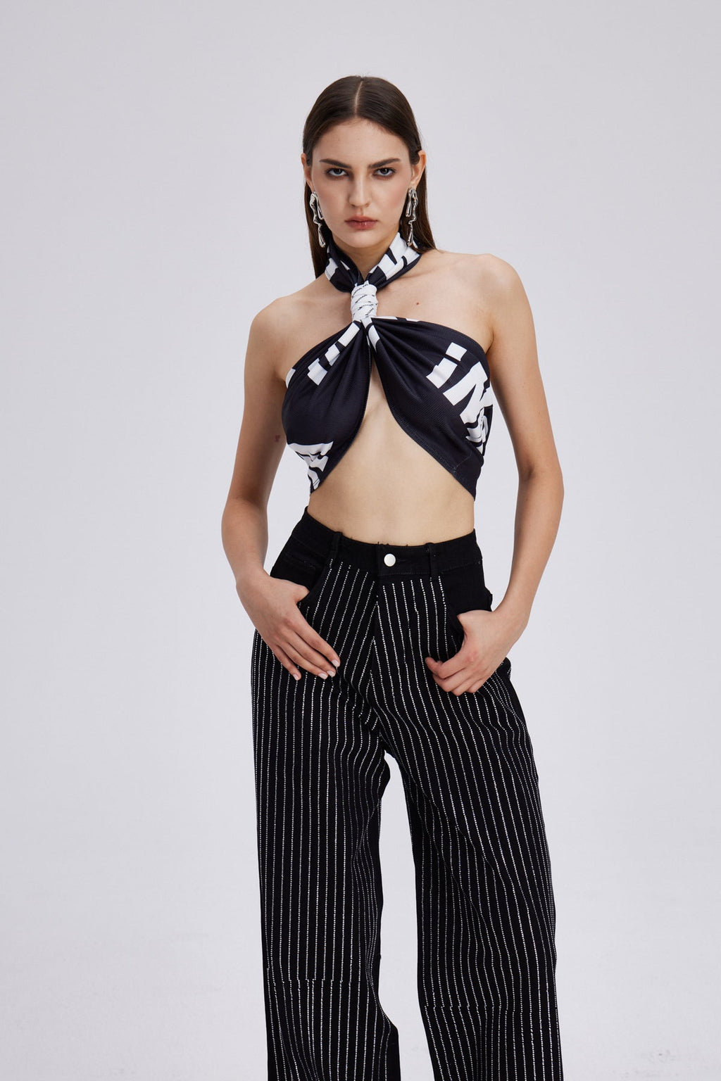 Chedomir Halter Neck Print Crop Top In Black