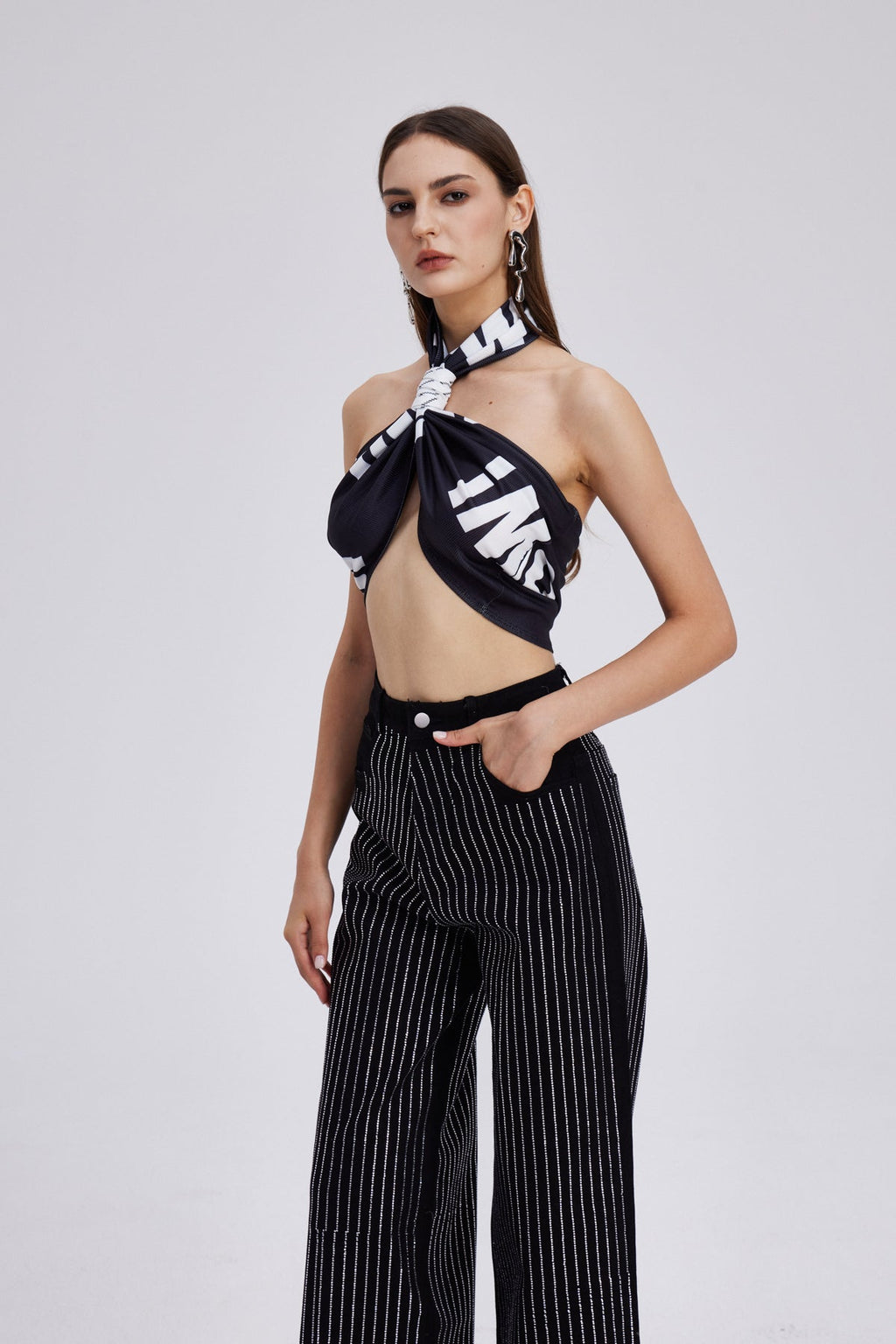 Chedomir Halter Neck Print Crop Top In Black