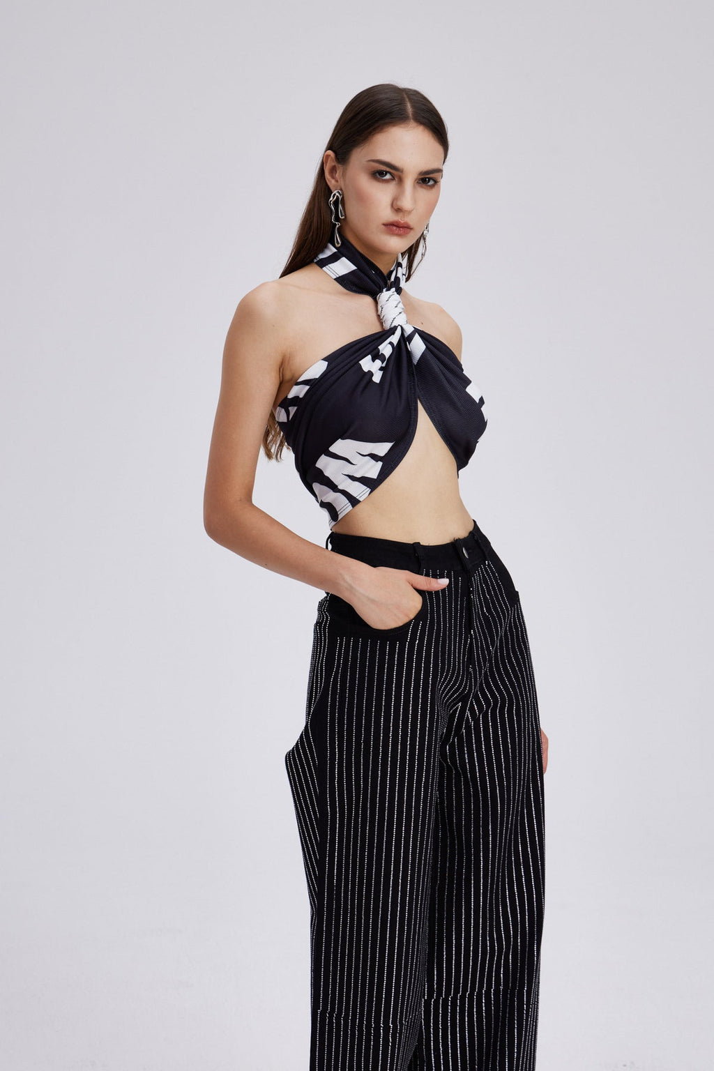 Chedomir Halter Neck Print Crop Top In Black