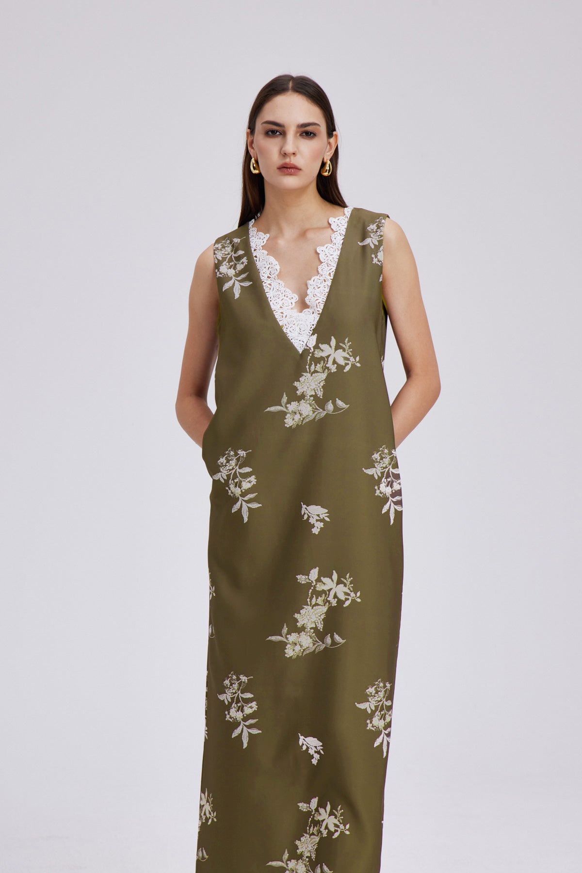 Chelo Lace V Neck Floral Maxi Dress