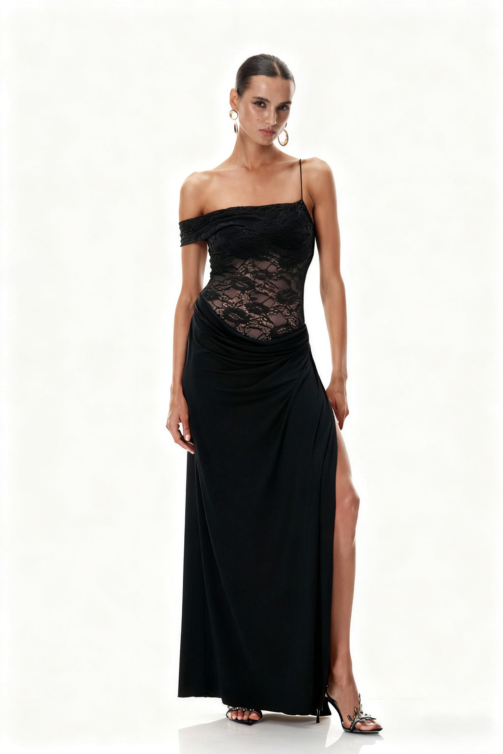Chenda Lace Asymmetric Maxi Dress In Black