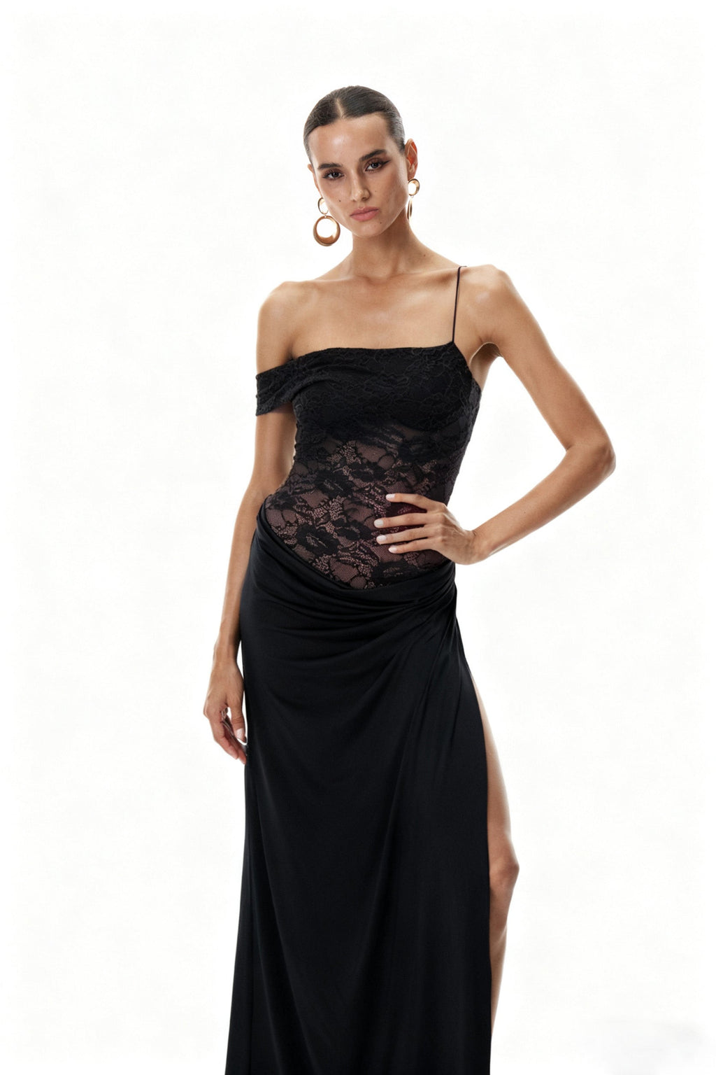 Chenda Lace Asymmetric Maxi Dress In Black