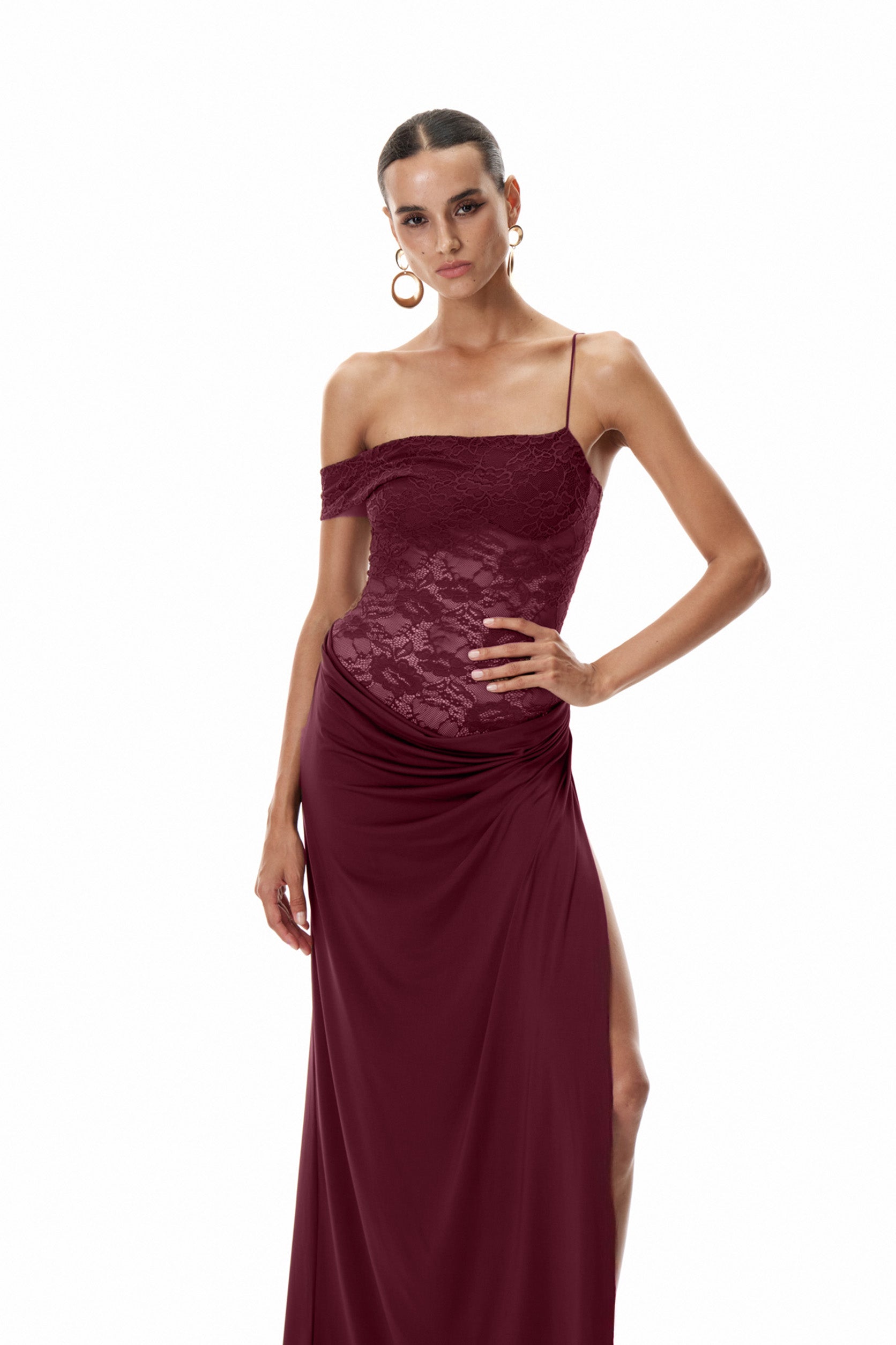 Chenda Lace Asymmetric Maxi Dress In Red